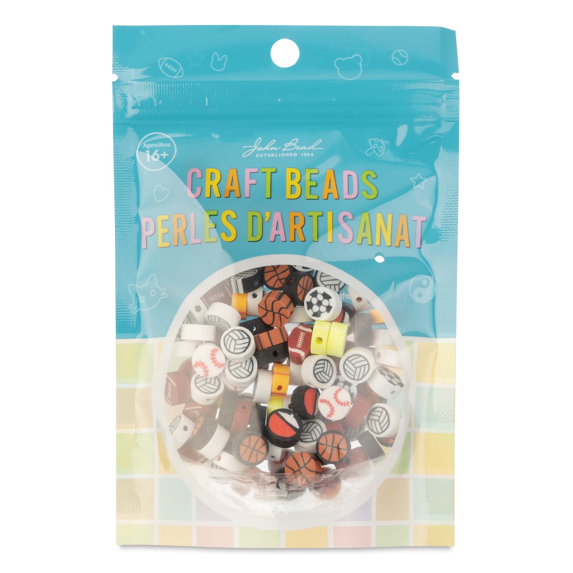 John Bead Craft Beads Clay Shapes - Sports Mix, Pkg of 120 - front of packaging
