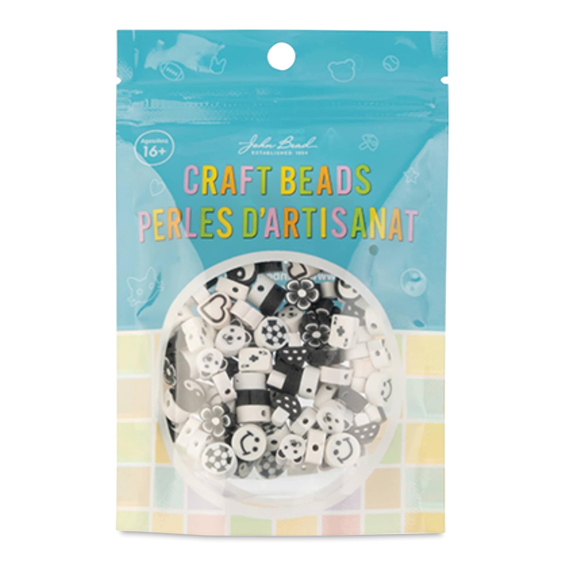 John Bead Craft Beads Clay Shapes - Black and White Mix, Pkg of 120 - front of packaging