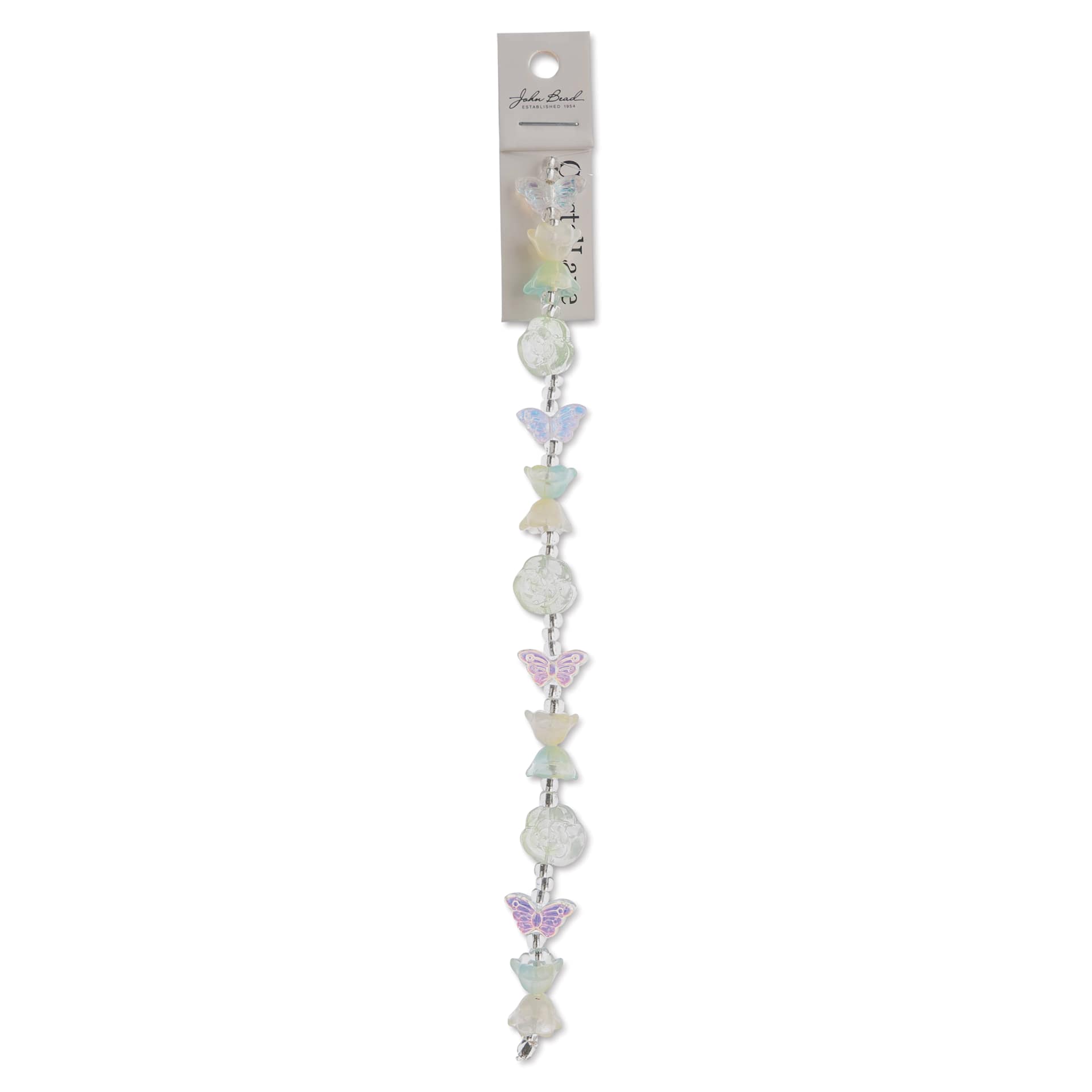 John Bead Crystal Lane DIY Glass Garden Bead Single Strand - Butterflies, Roses, and Tulips, Green Pastels - front of packaging
