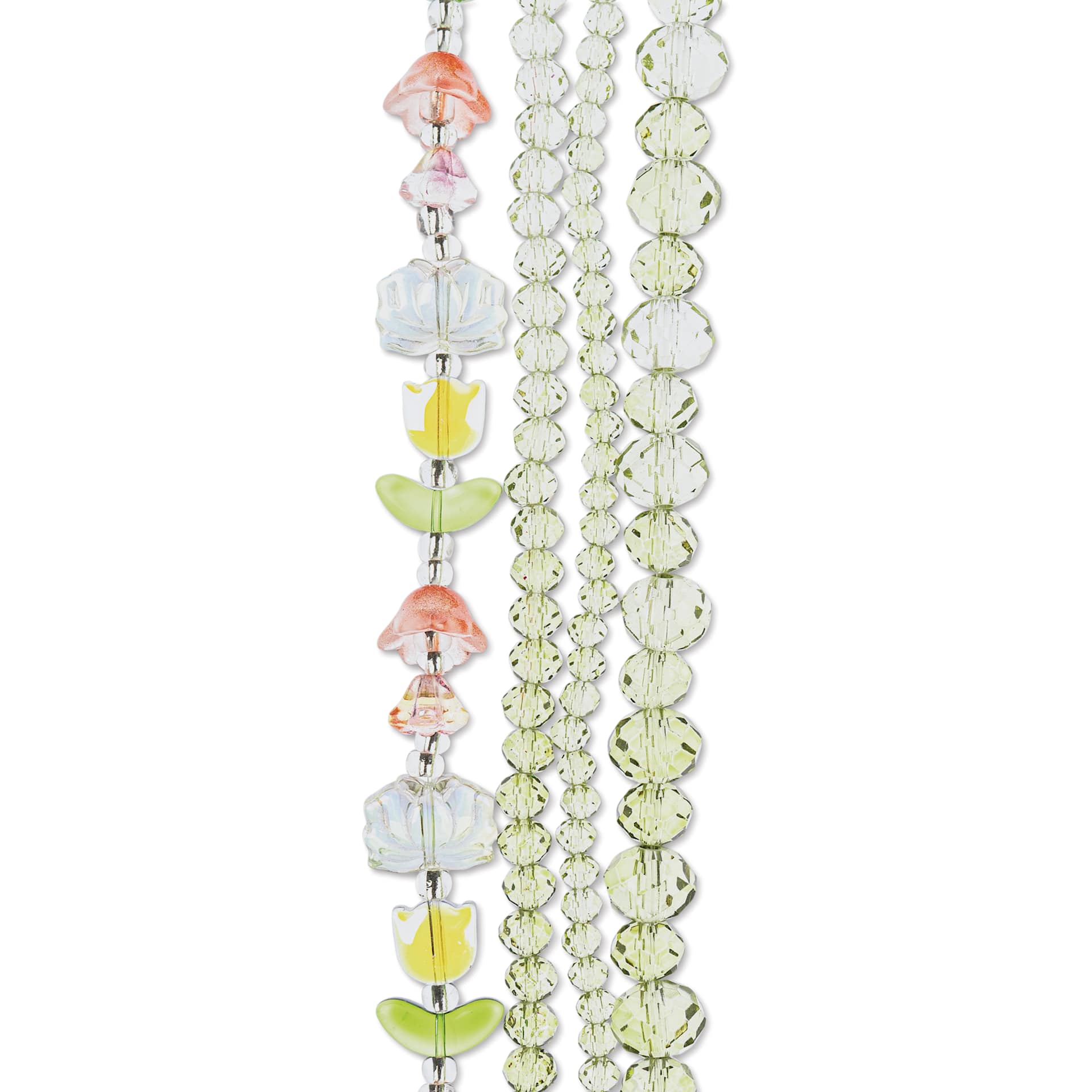 John Bead Crystal Lane DIY Glass Garden Bead Quadruple Strand - Tulips, Flowers, and Faceted Rondelles, Pale Green Mix