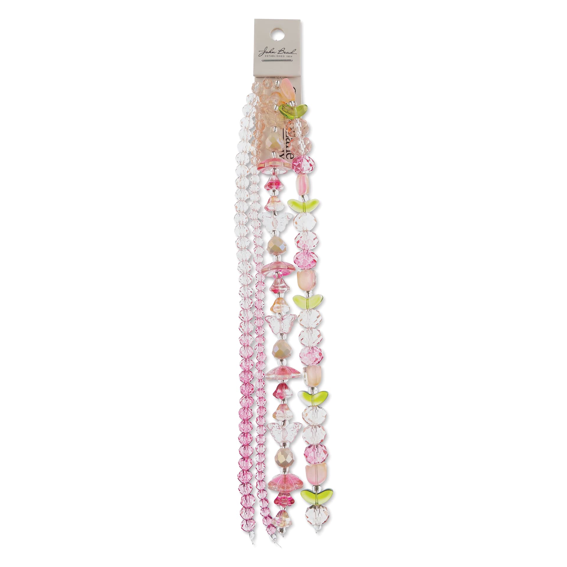 John Bead Crystal Lane DIY Glass Garden Bead Quadruple Strand - Butterflies, Tulips, and Faceted Rondelles, Pink Mix front of packaging