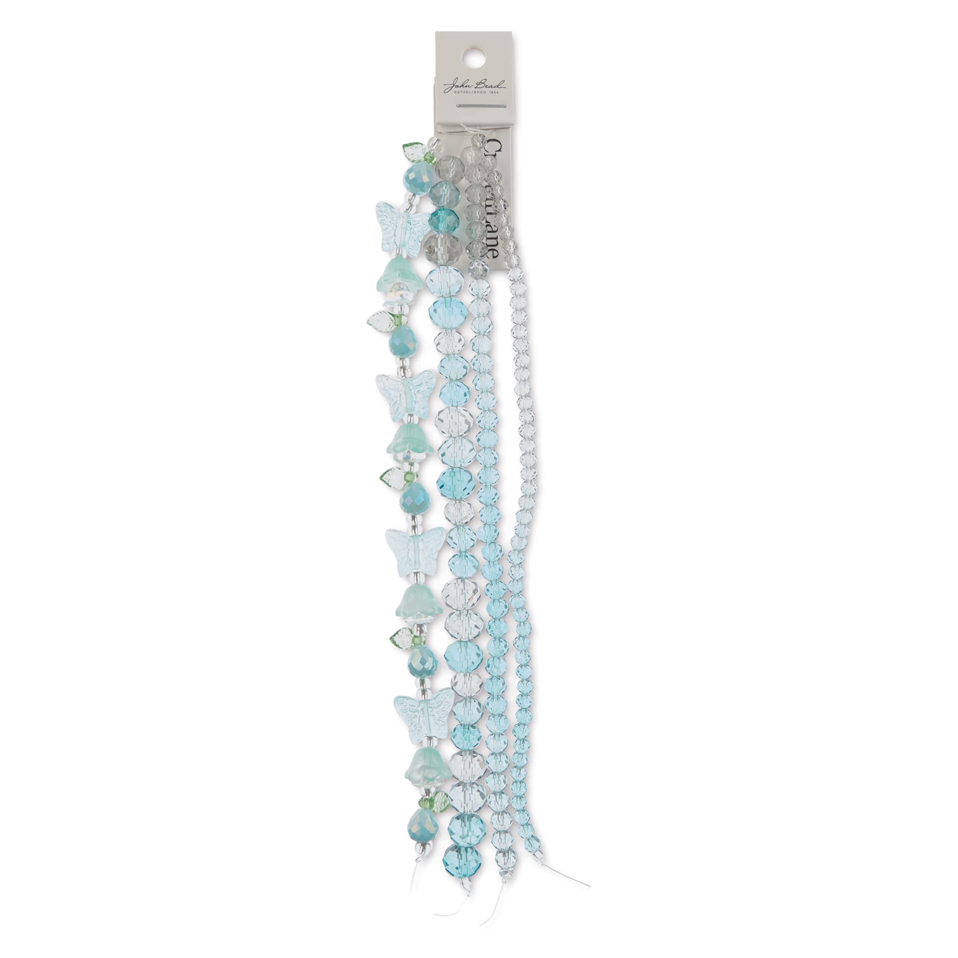 John Bead Crystal Lane DIY Glass Garden Bead Quadruple Strand - Butterflies, Flowers and Faceted Rondelles, Aqua Mix front of package