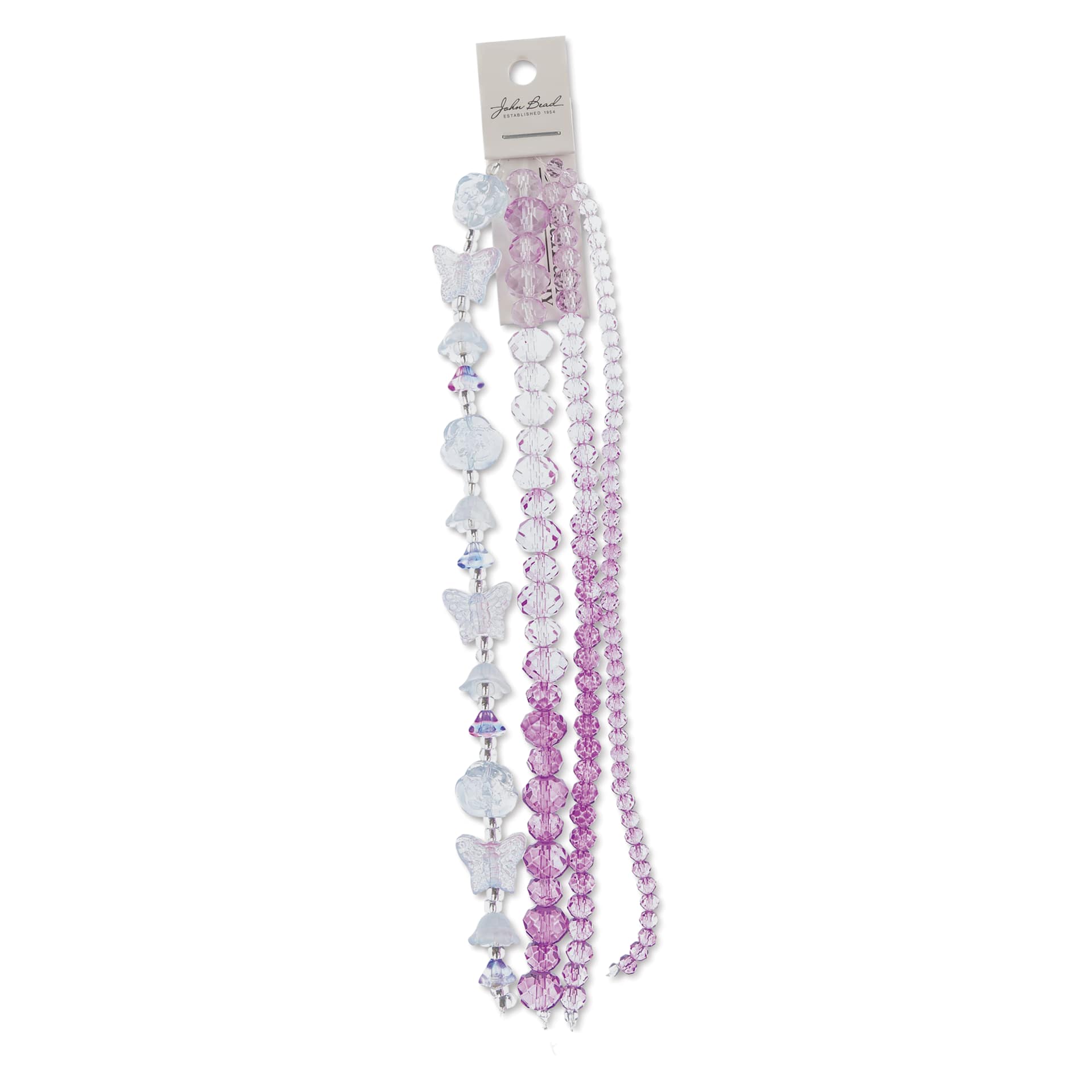 John Bead Crystal Lane DIY Glass Garden Bead Quadruple Strand - Butterflies, Flowers, and Faceted Rondelles, Purple Ombre front of packaging