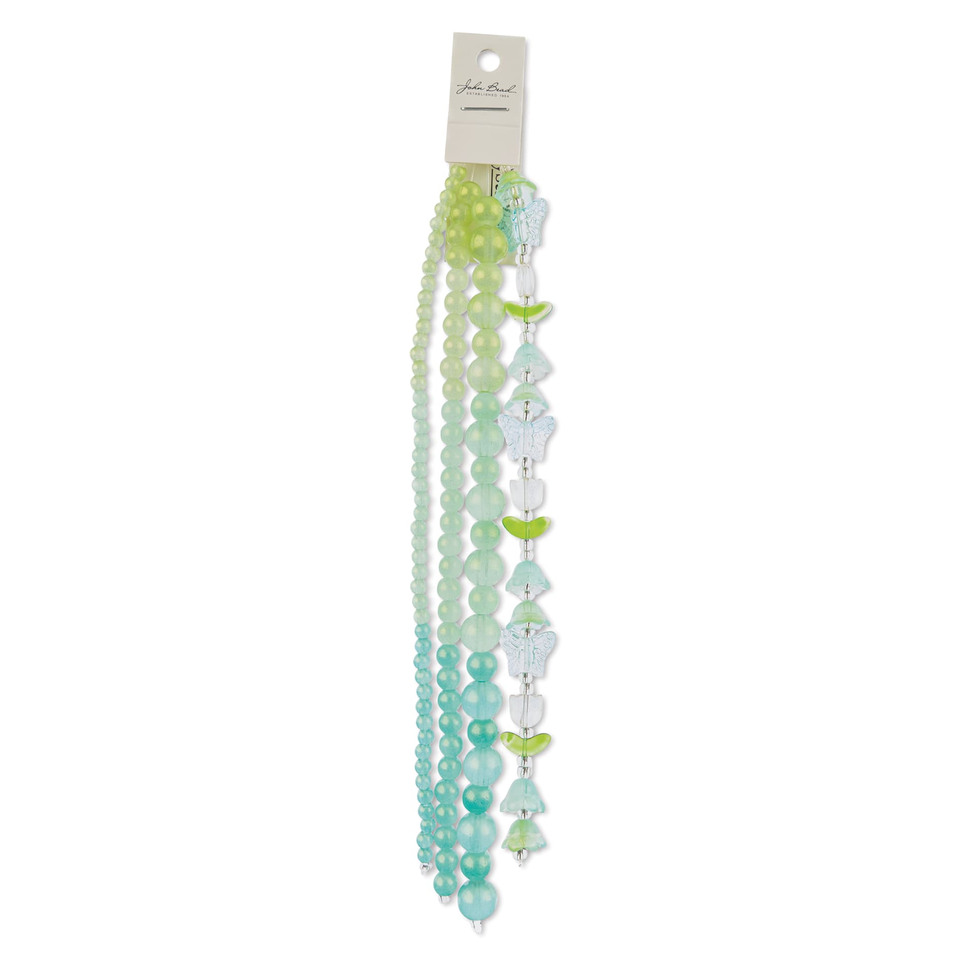 John Bead Crystal Lane DIY Glass Garden Bead Quadruple Strand - Butterflies, Tulips, and Round Beads, Green Stardust front of packaging