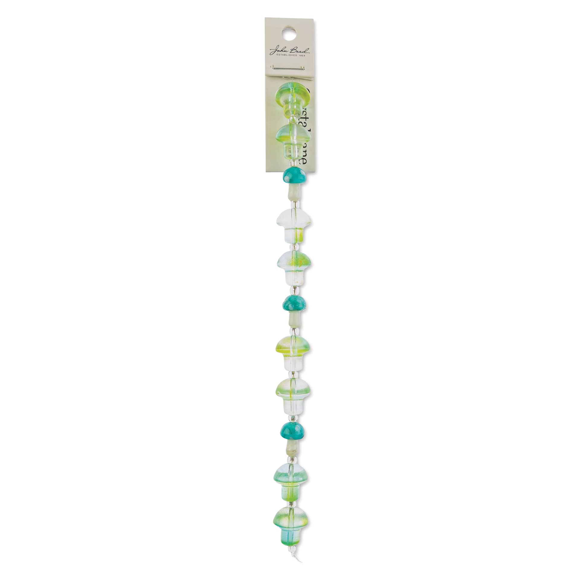 John Bead Crystal Lane DIY Glass Garden Bead Single Strand - Mushrooms, Blue and Green front of packaging