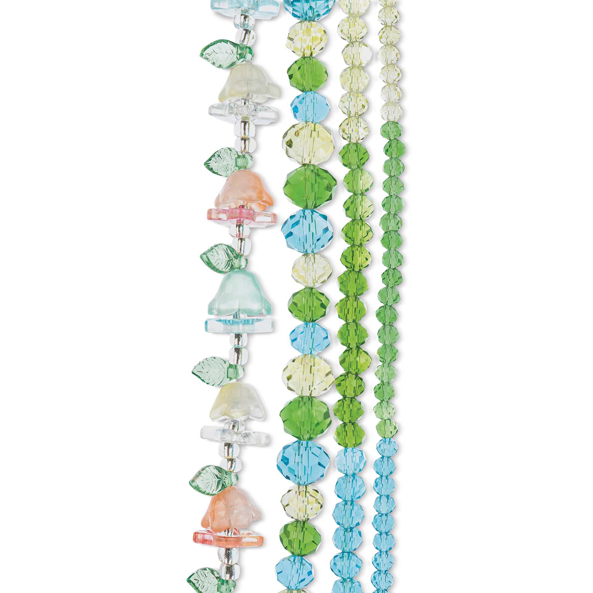 John Bead Crystal Lane DIY Glass Garden Bead Quadruple Strand - Flowers, Leaves, and Faceted Rondelles, Pink, Yellow, Teal, and Green Mix