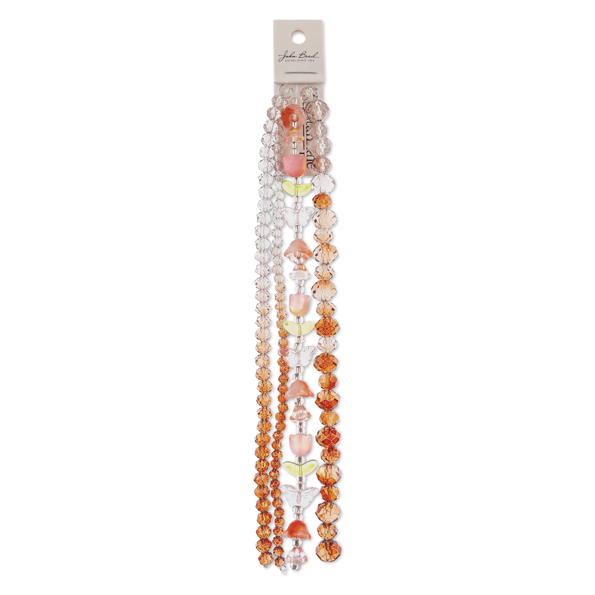John Bead Crystal Lane DIY Glass Garden Bead Quadruple Strand - Butterflies, Tulips, and Faceted Rondelles, Pink and Brown front of packaging