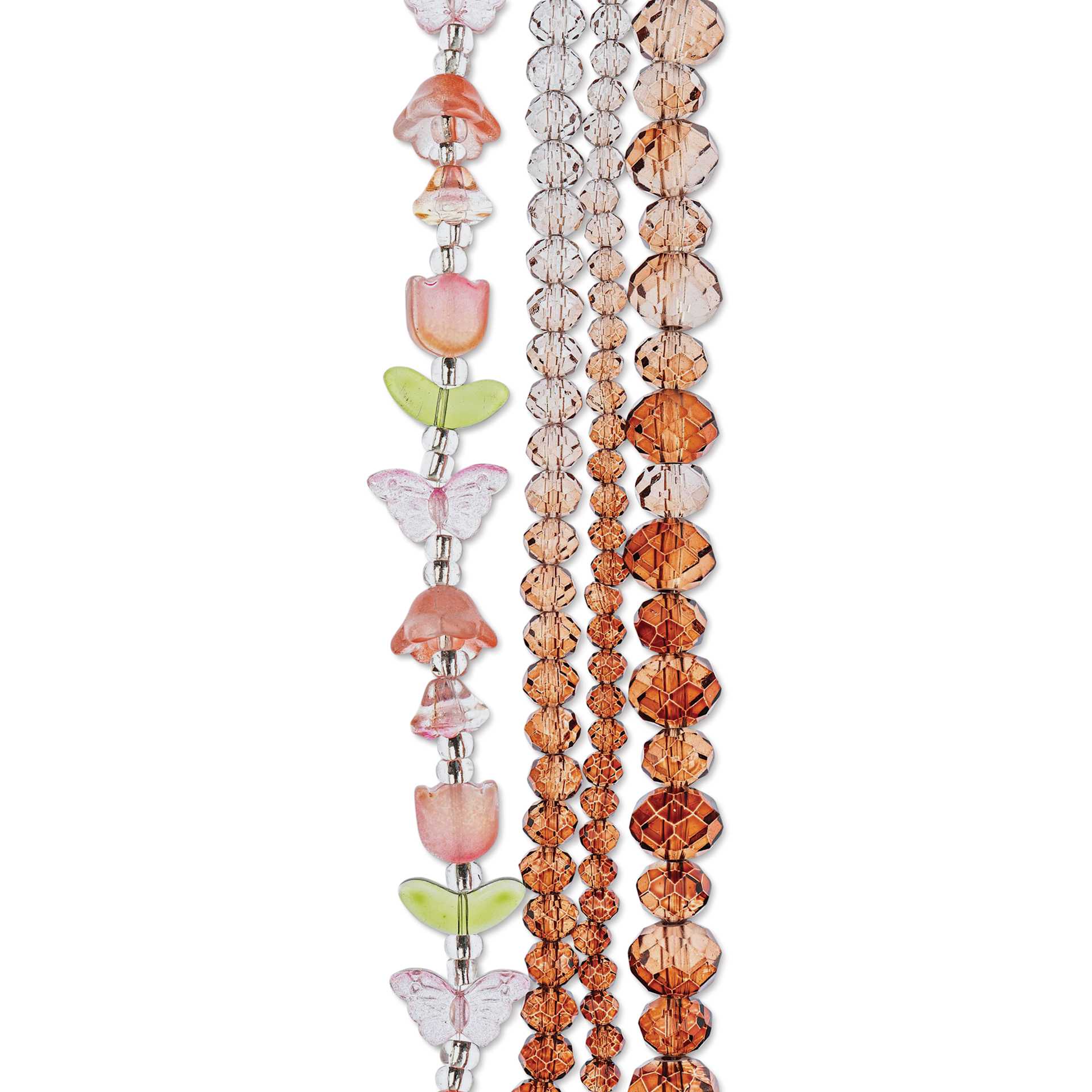 John Bead Crystal Lane DIY Glass Garden Bead Quadruple Strand - Butterflies, Tulips, and Faceted Rondelles, Pink and Brown