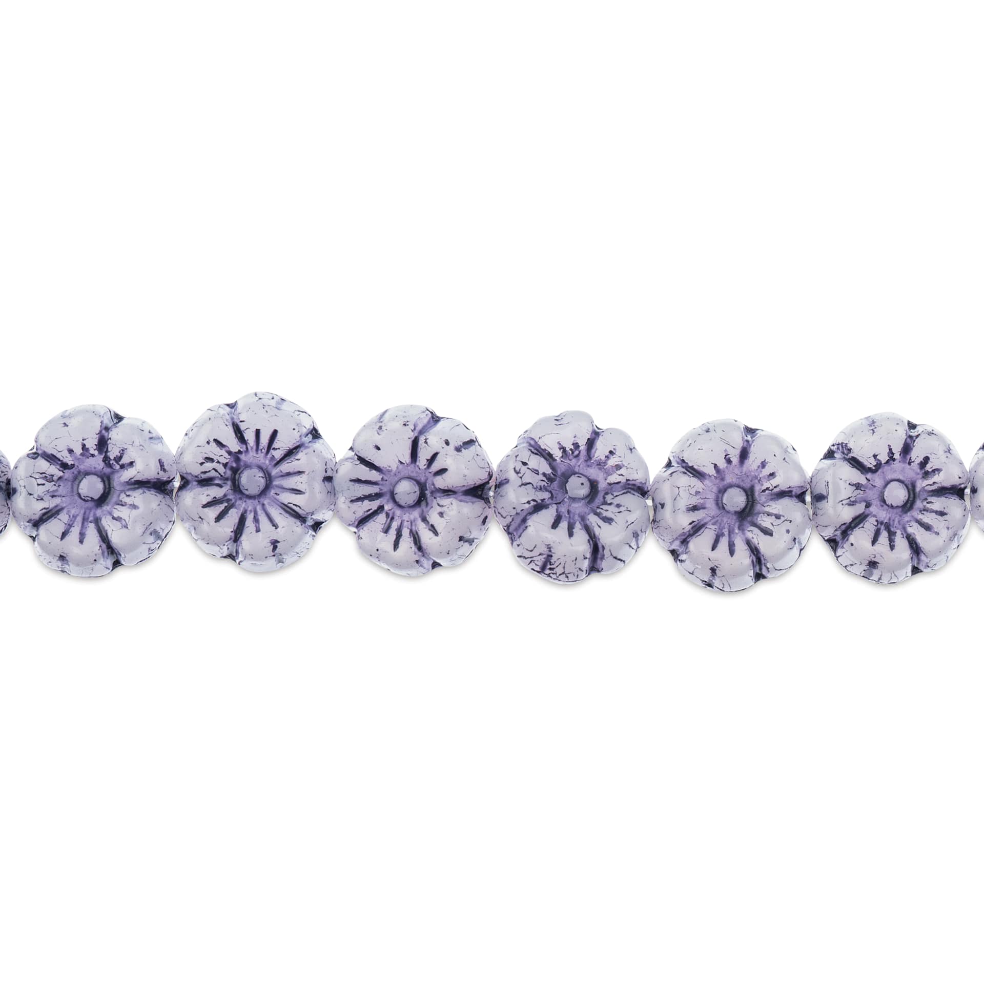 John Bead Glass Flower Bead Strand - Purple on Alabaster, 9 mm