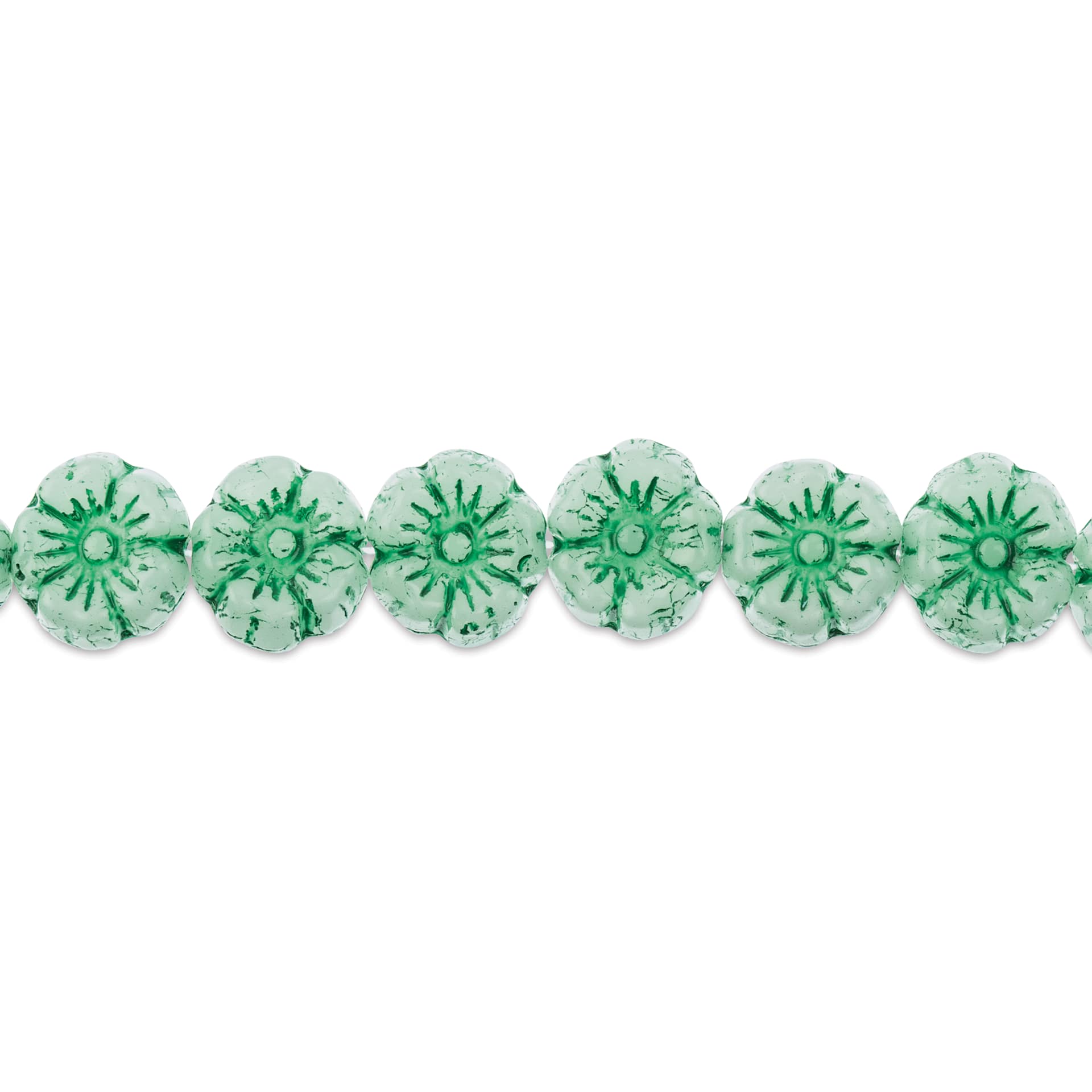 John Bead Czech Pressed Glass Flower Bead Strand - Green on White, 9 mm