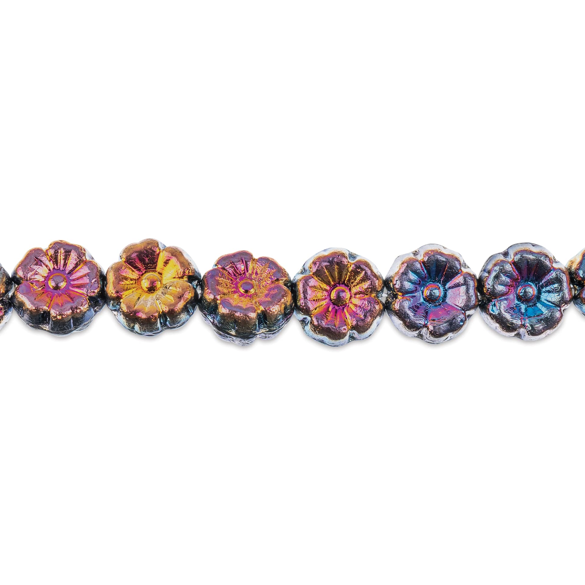 John Bead Czech Pressed Glass Flower Bead Strand - Sliperit on Black, 9 mm