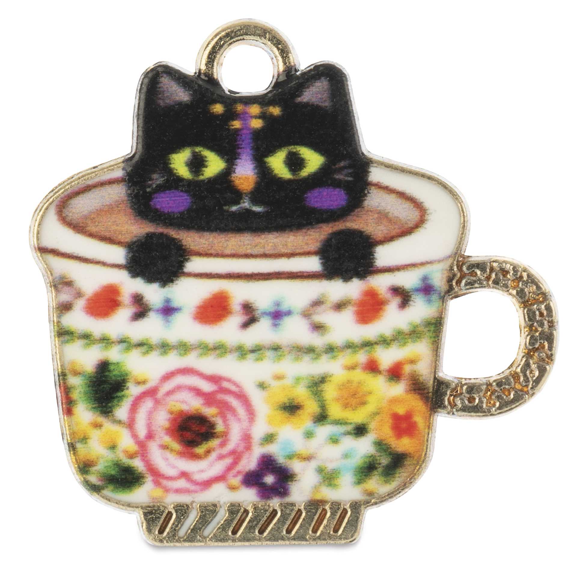 John Bead Sweet & Petite Enamel Charm - Teacup Kitten, Black with Multicolor Teacup showing single charm