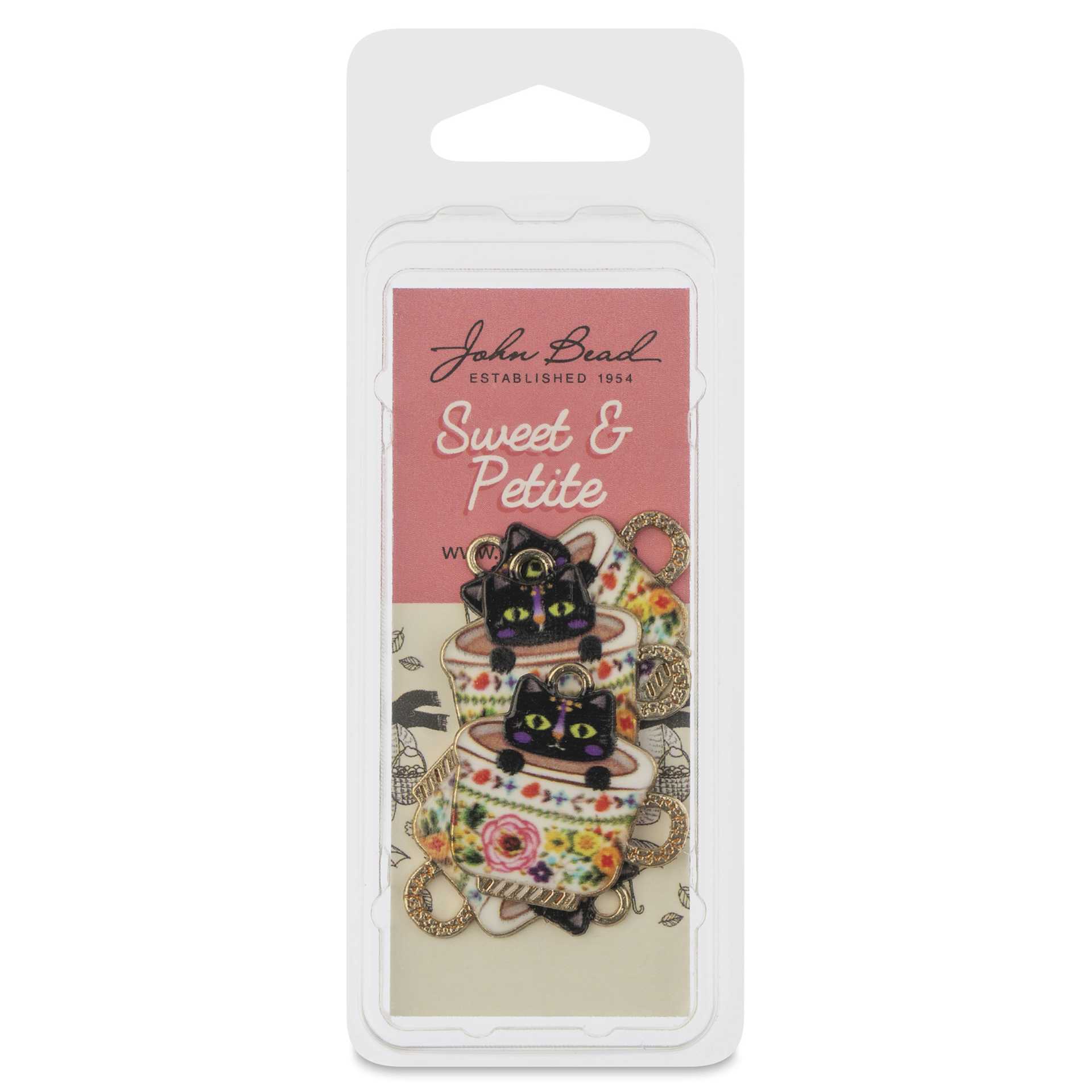 John Bead Sweet & Petite Enamel Charm - Teacup Kitten, Black with Multicolor Teacup, Pkg of 4 front of packaging