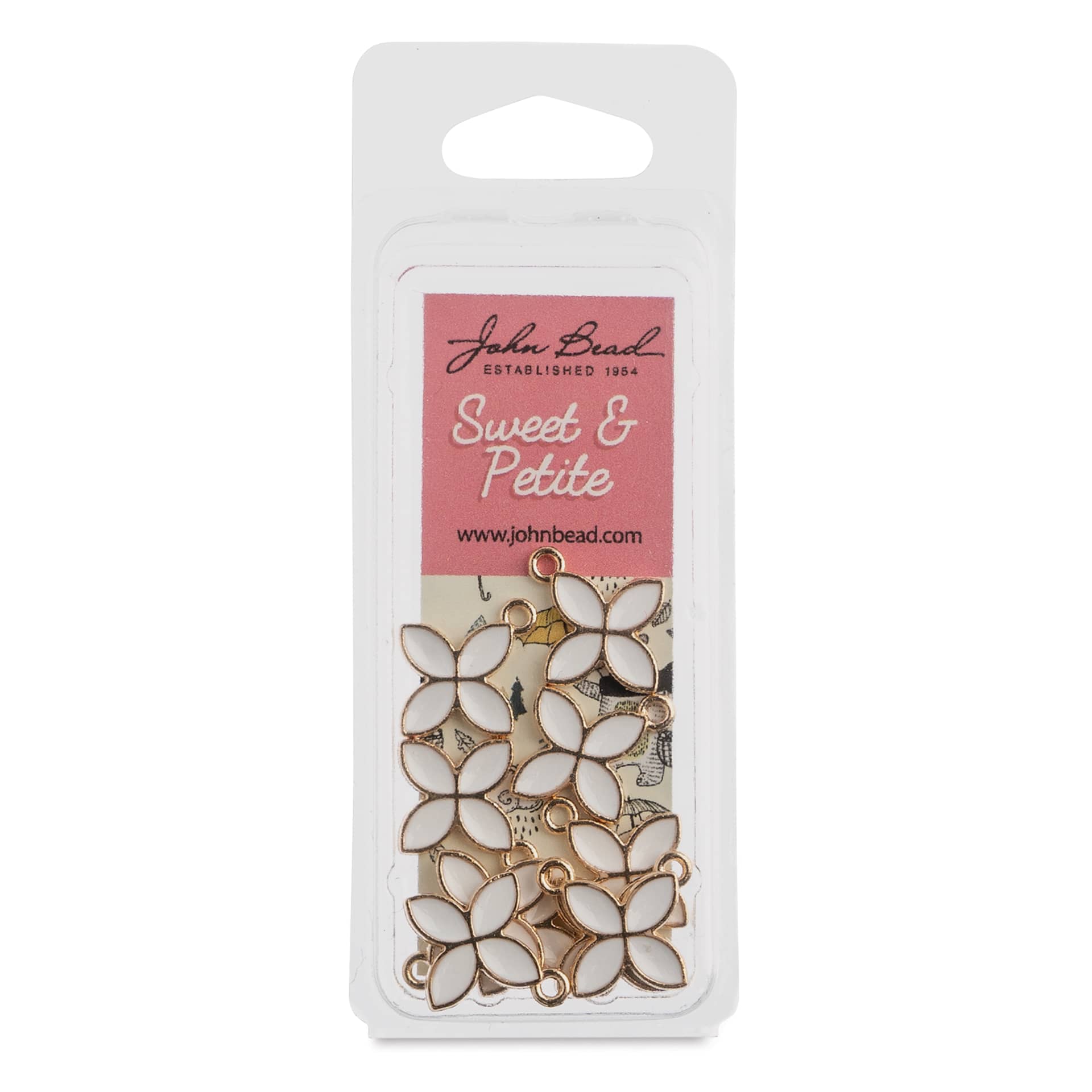 John Bead Sweet & Petite Enamel Charm - Four-Petal Flower, White, Pkg of 10 front of packaging