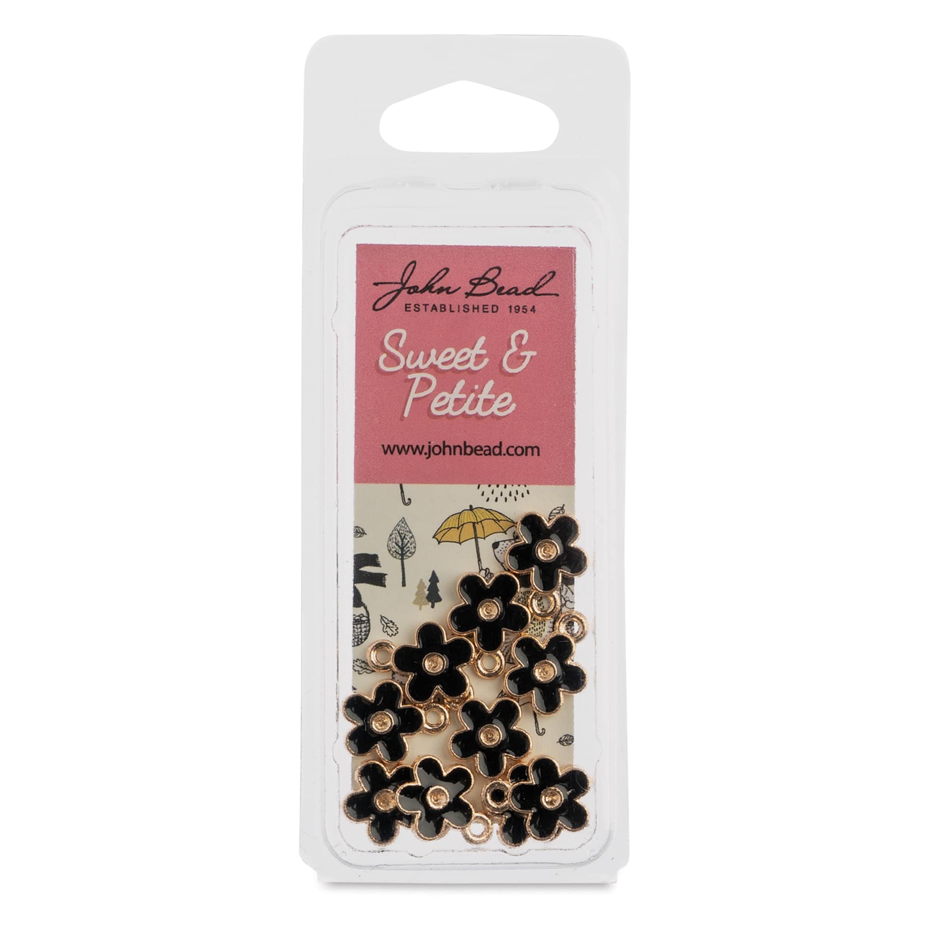 John Bead Sweet & Petite Enamel Charm - Small Flower, Black, Pkg of 10 front of packaging