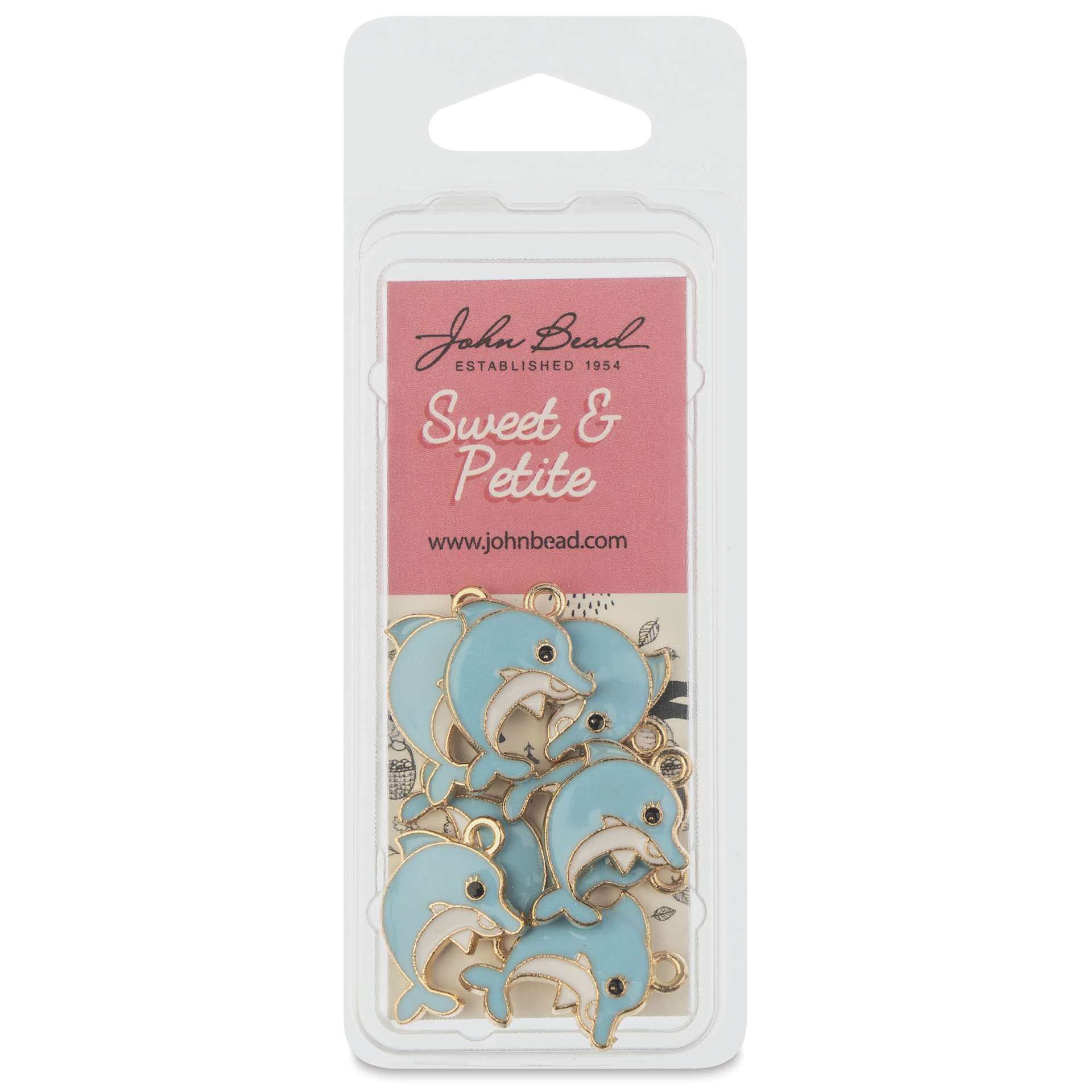 John Bead Sweet & Petite Enamel Charm - Dolphin, Blue and White, Pkg of 8 front of packaging