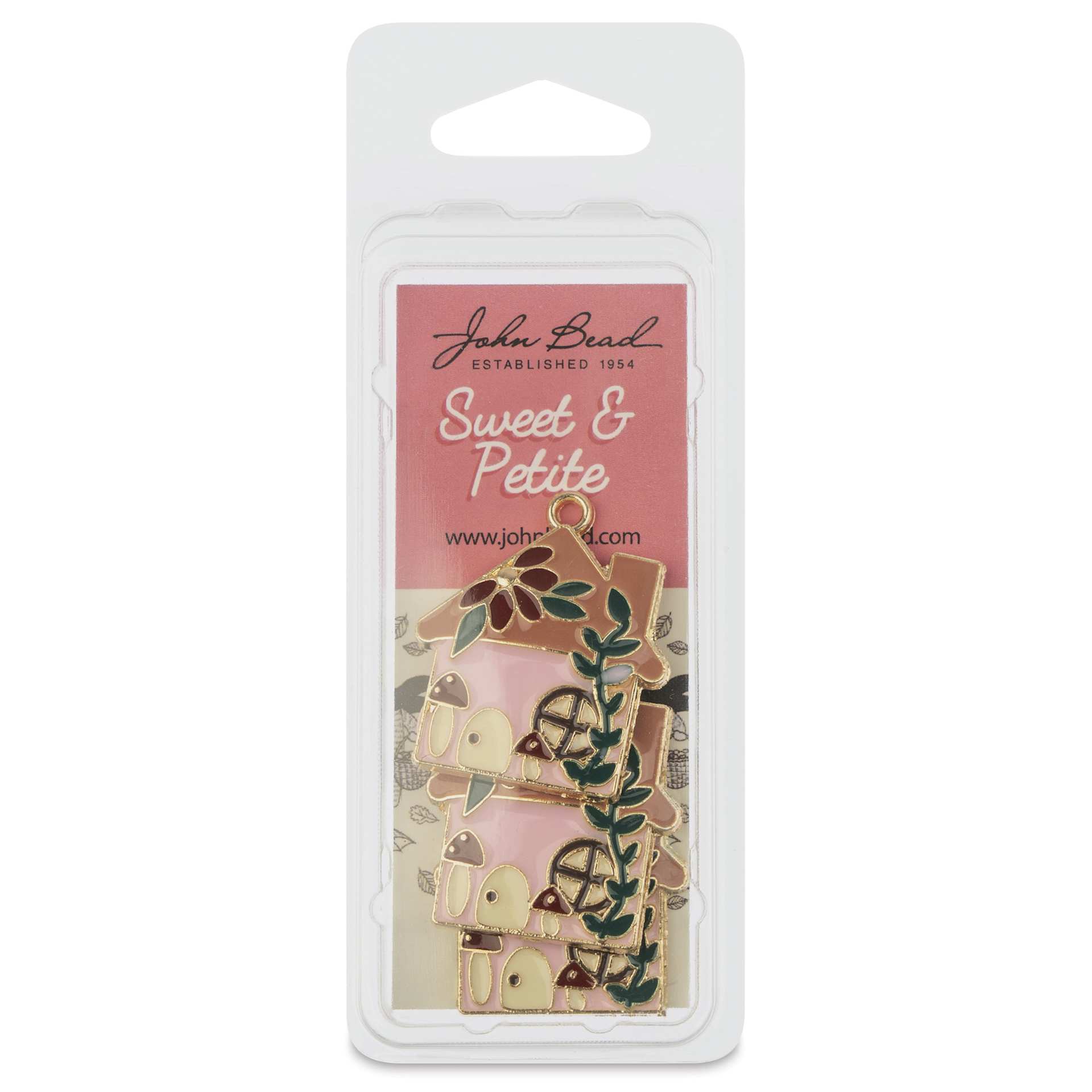 John Bead Sweet & Petite Enamel Charm - House, Pink, Pkg of 3 front of packaging