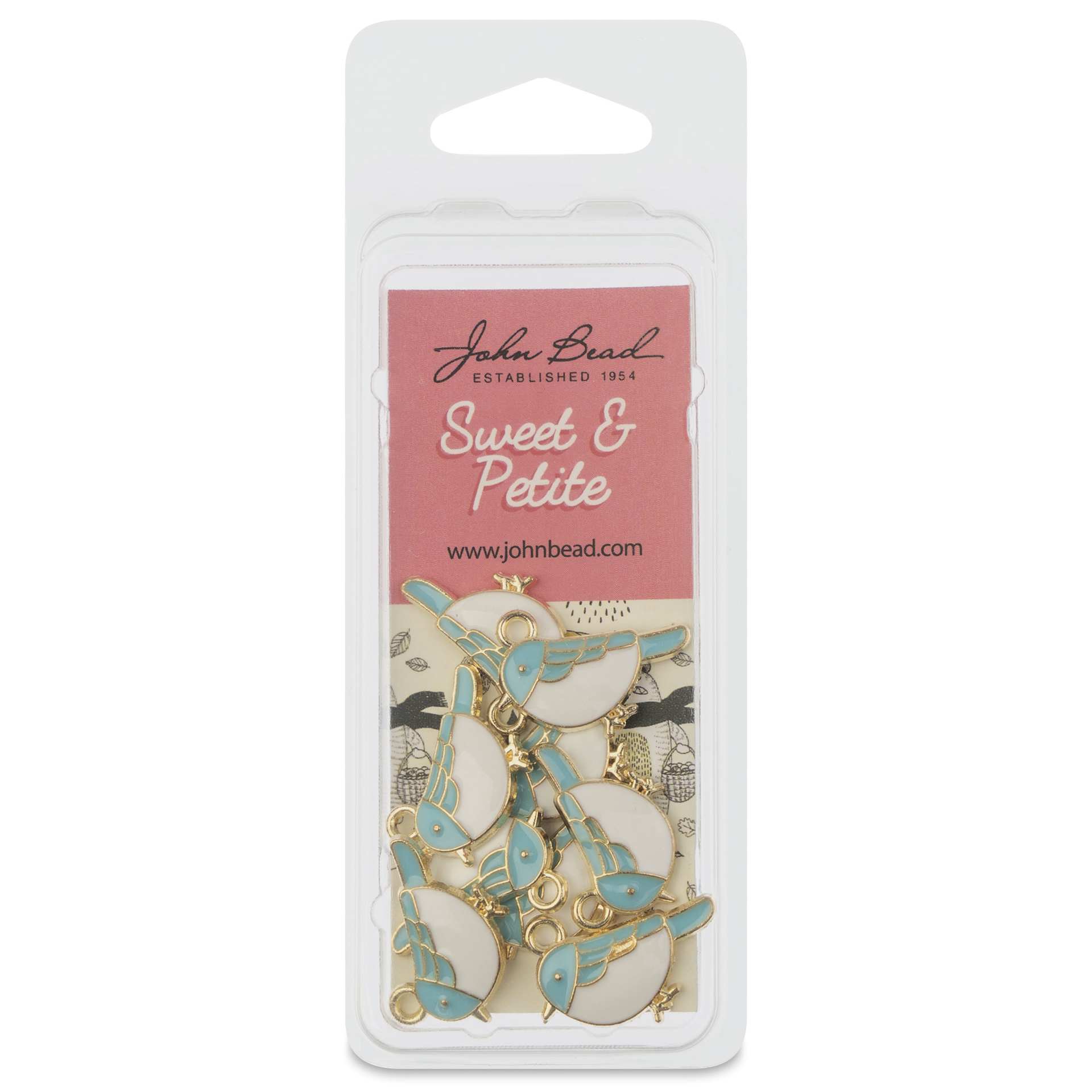 John Bead Sweet & Petite Enamel Charm - Birdie, Blue and White, Pkg of 8 front of packaging