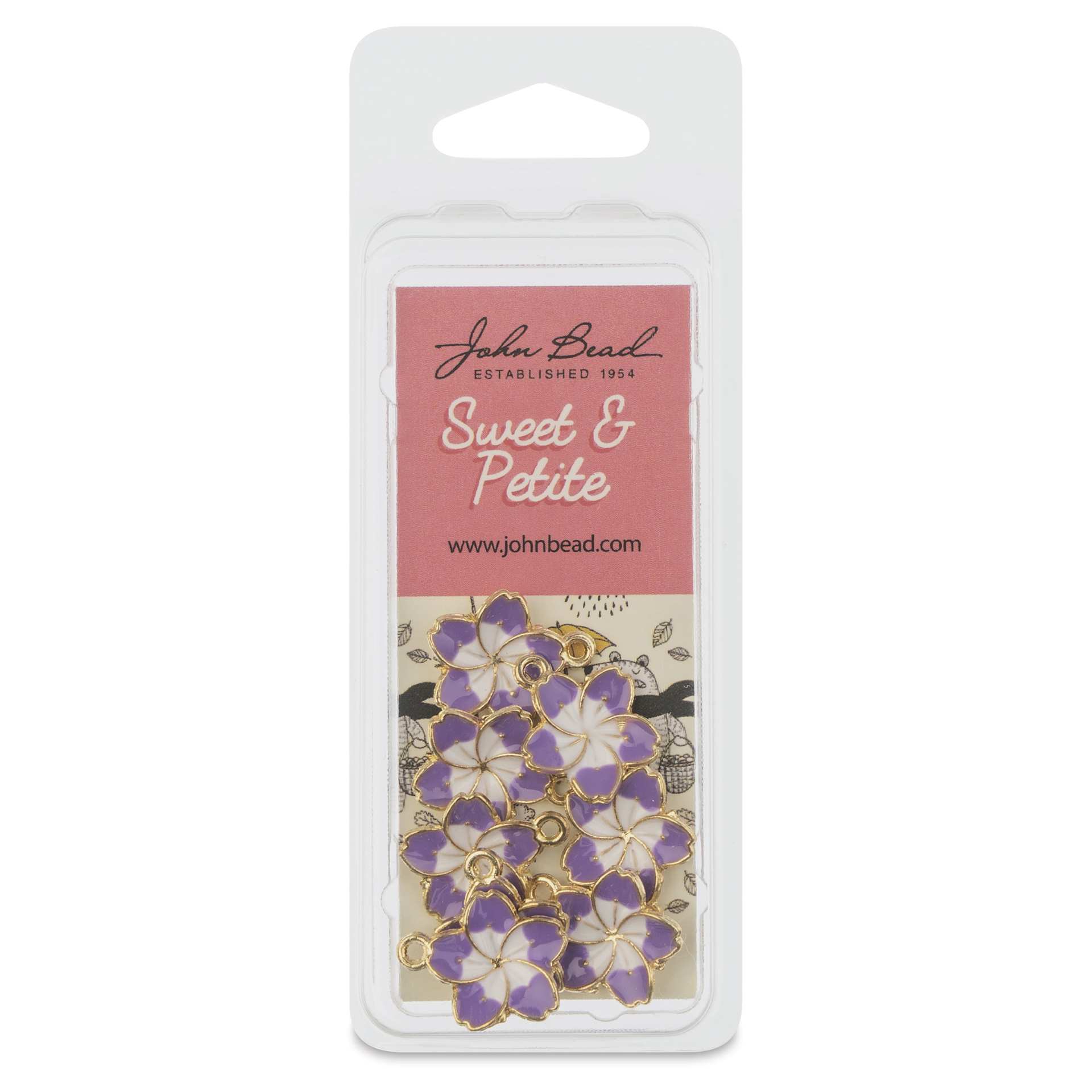 John Bead Sweet & Petite Enamel Charm - Flower, Purple and White, Pkg of 8 front of packaging
