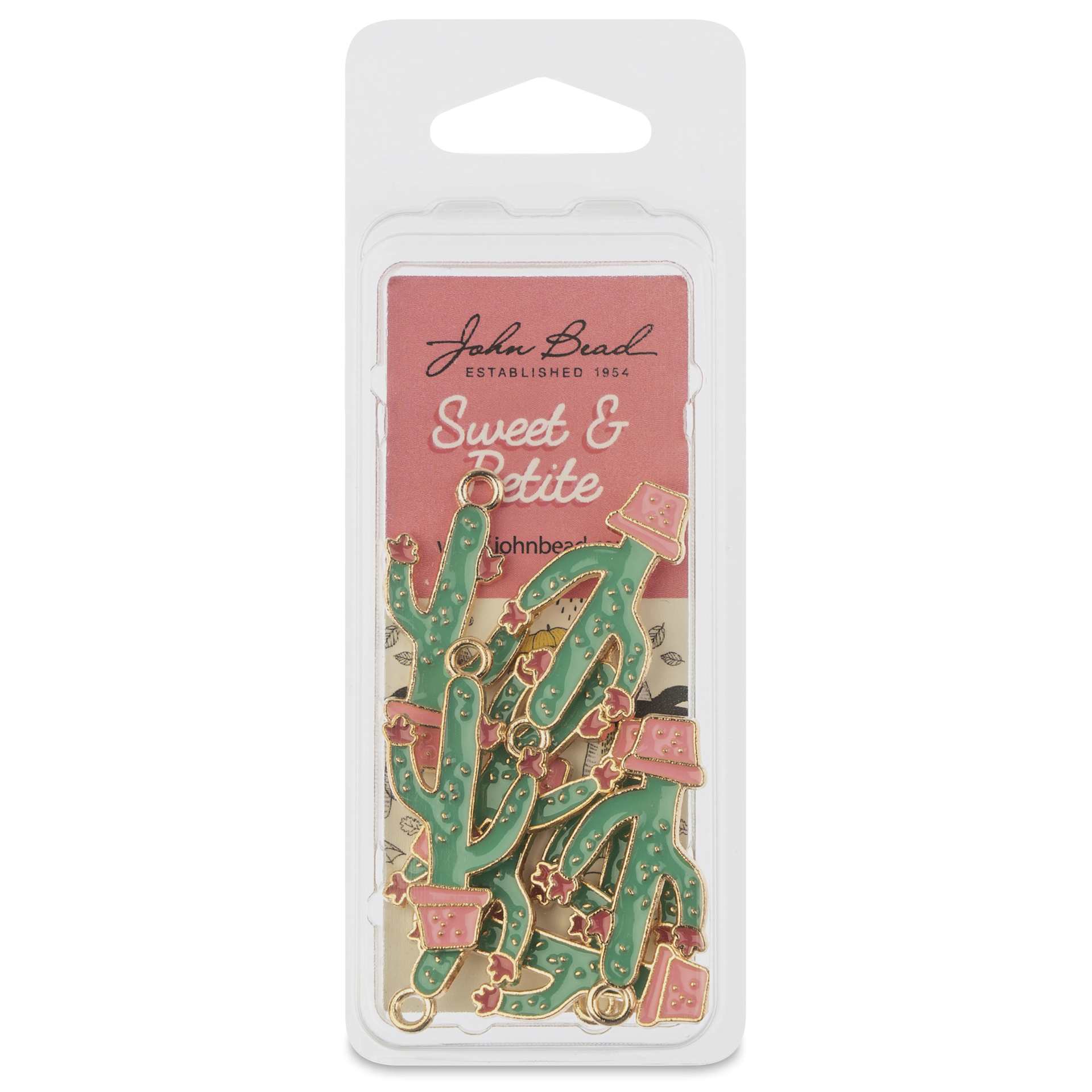 John Bead Sweet & Petite Enamel Charm - Potted Cactus, Green with Red Flowers and Pink Pot, Pkg of 8 front of packaging