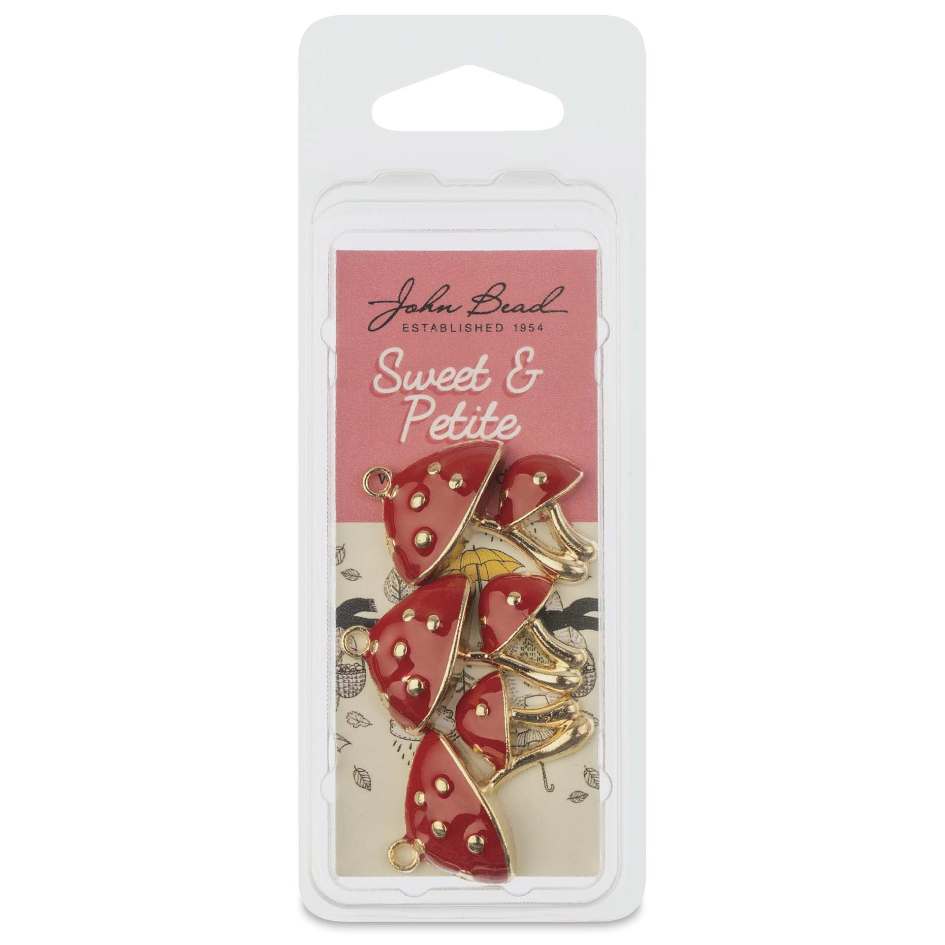 John Bead Sweet & Petite Enamel Charm - Mushrooms, Red, Pkg of 3 front of packaging