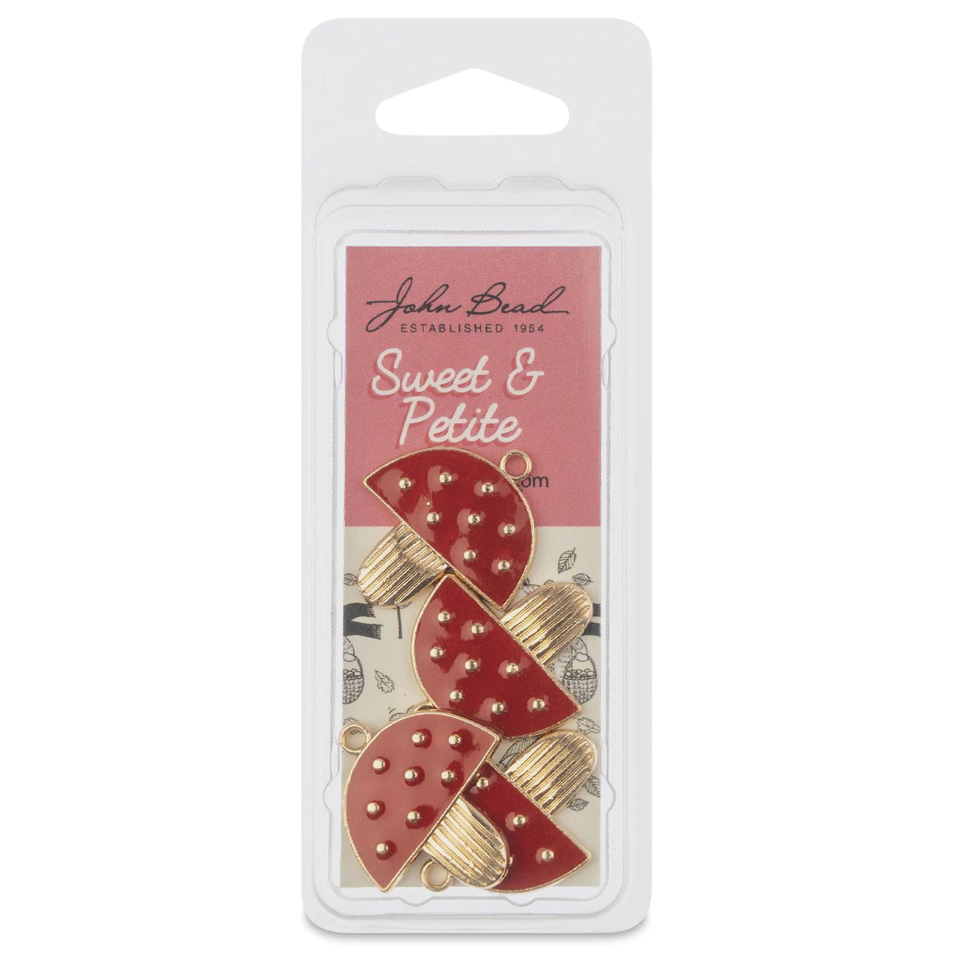 John Bead Sweet & Petite Enamel Charm - Mushrooms, Red, Pkg of 4 front of packaging