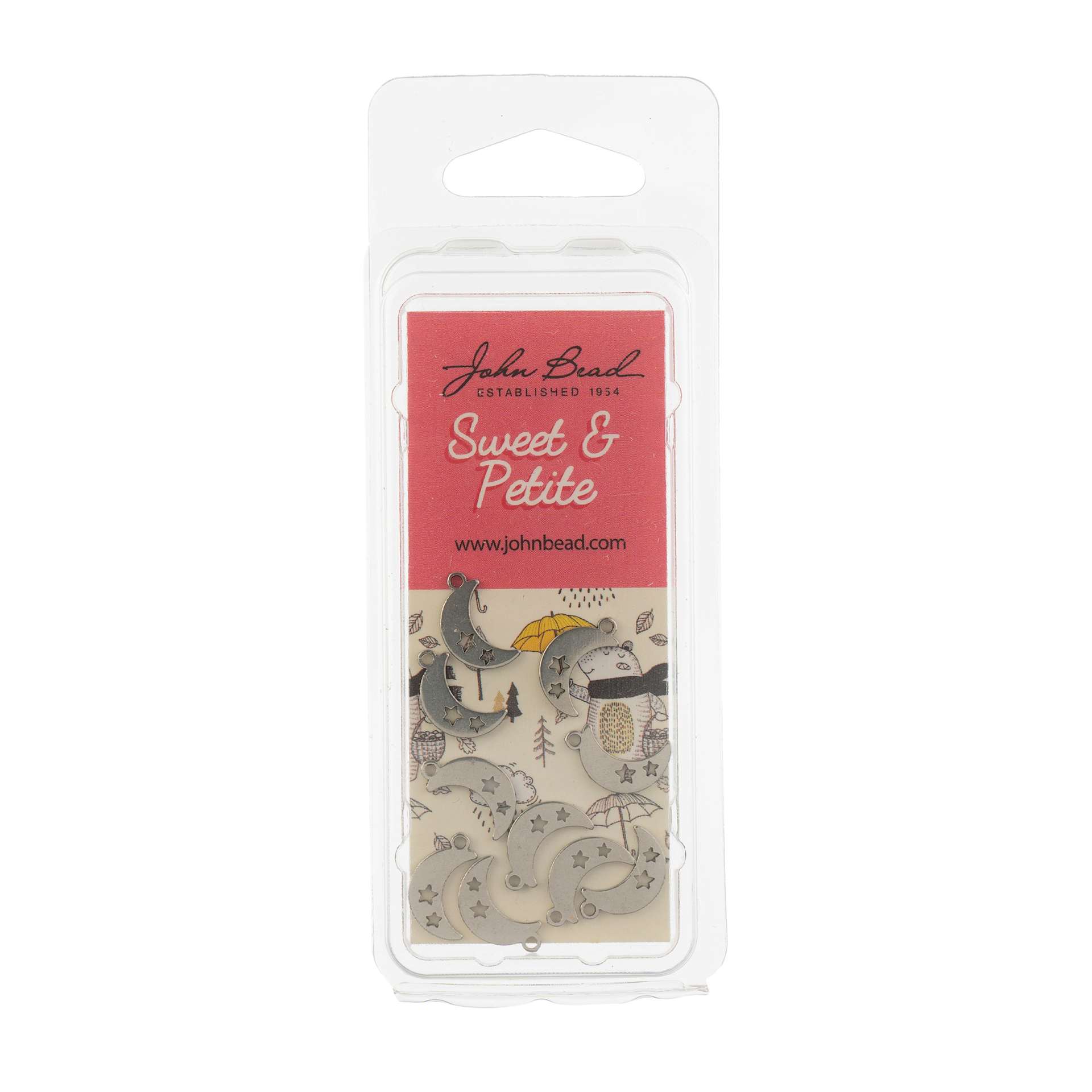 John Bead Sweet & Petite Metal Charms - Pkg of 10, Silver Moon with Stars front of packaging