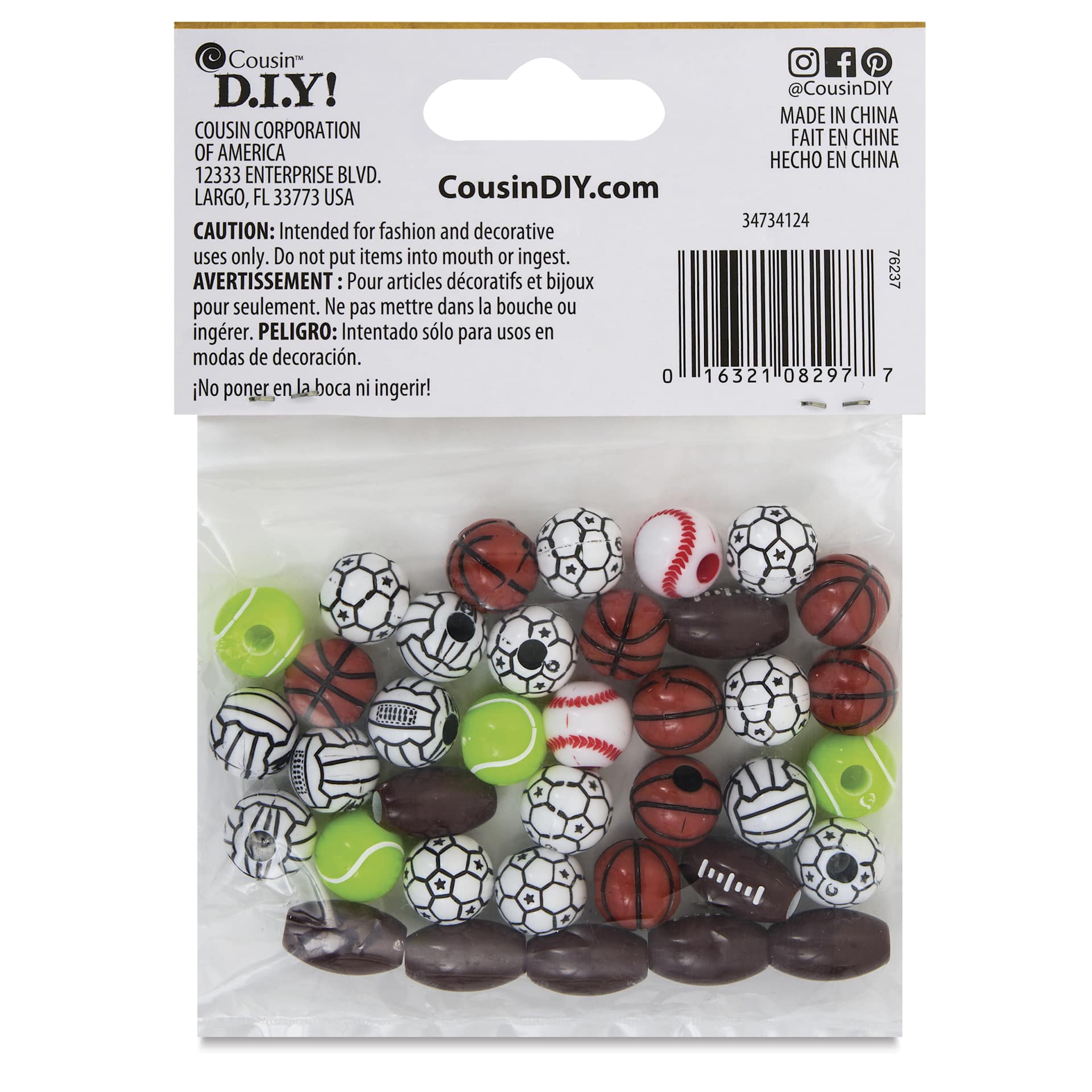 Cousin Fun Pack Acrylic Bead Mix - Sport Balls, Pkg of 40 - back of packaging