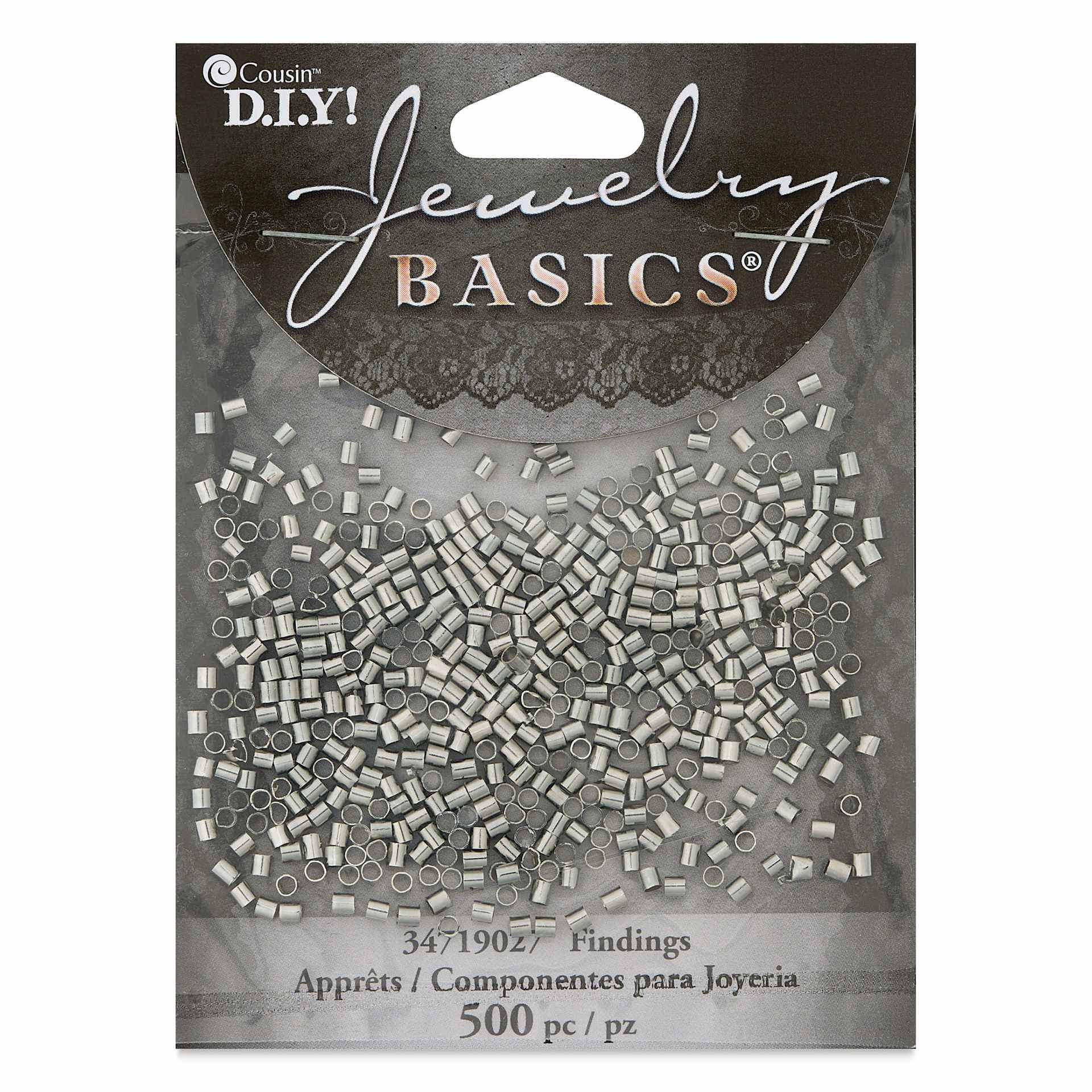 Cousin Jewelry Basics Crimp Tubes - Pkg of 500, Silver, 2 mm front of packaging