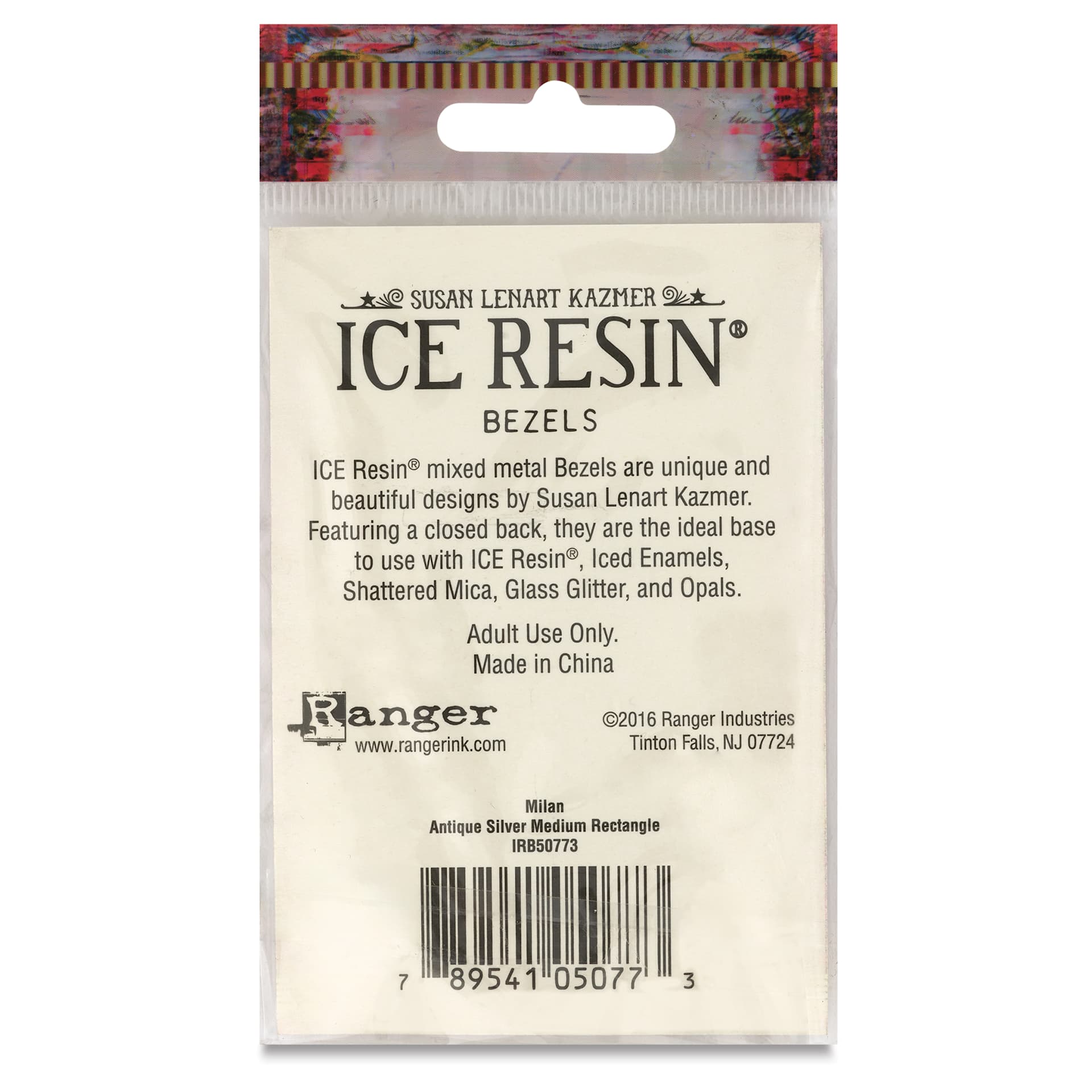 Ranger Ice Milan Bezel - Rectangle, Antique Silver, 4.4 cm x 2.8 cm - back of packaging
