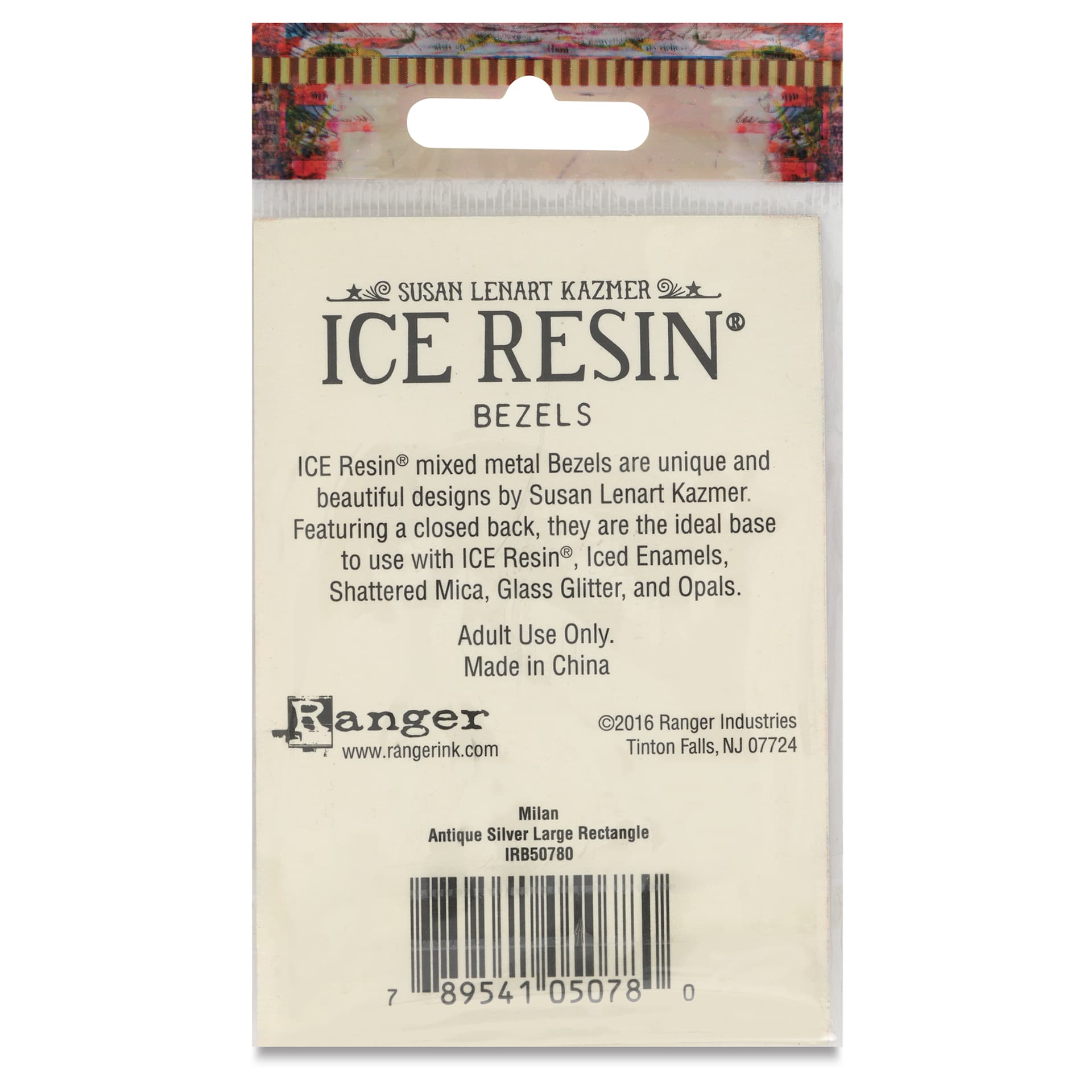 Ranger Ice Milan Bezel - Rectangle, Antique Silver, 5.2 cm x 3.4 cm - back of packaging