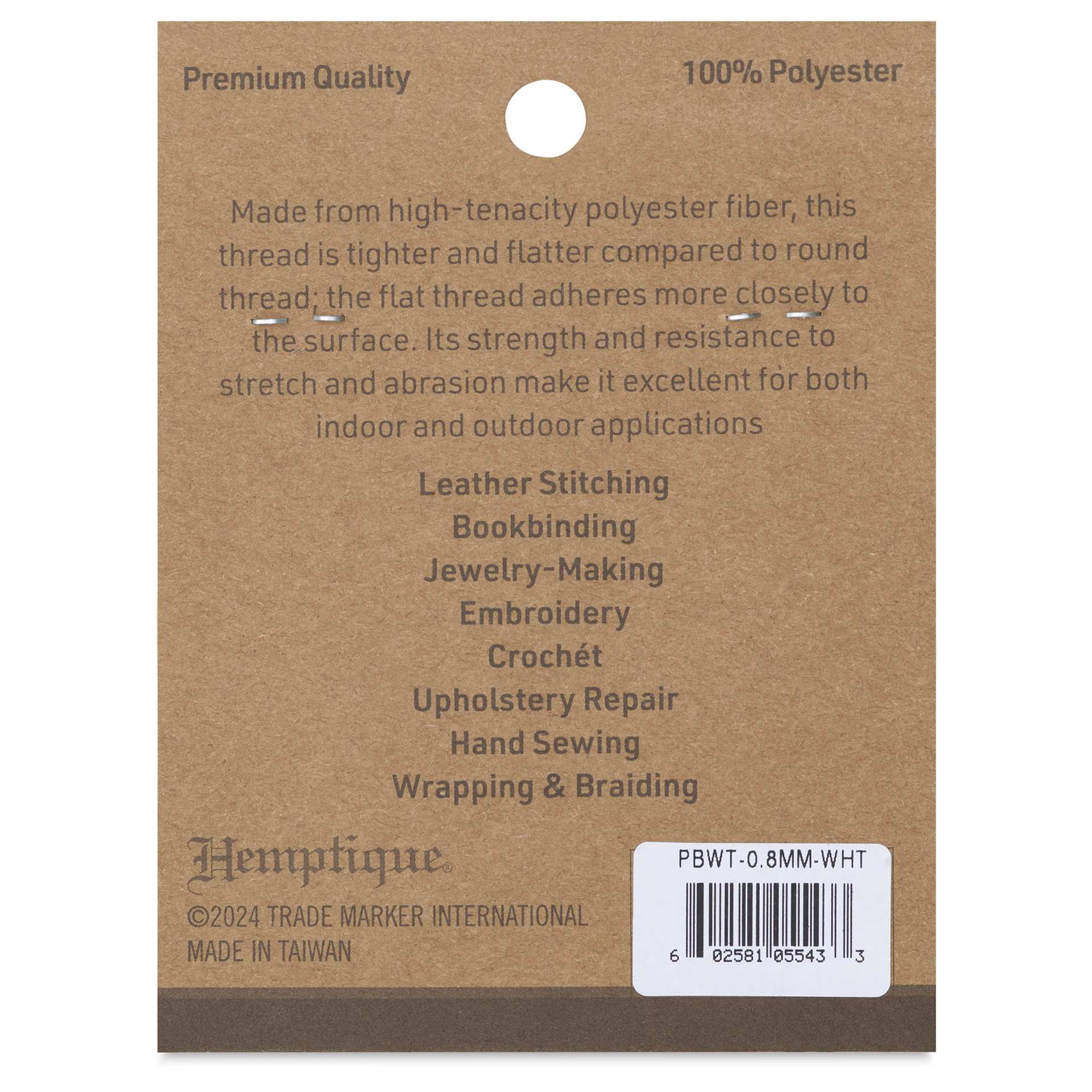 Hemptique Braided & Flat Waxed Thread - White, 0.8 mm, 50 yds - back of packaging