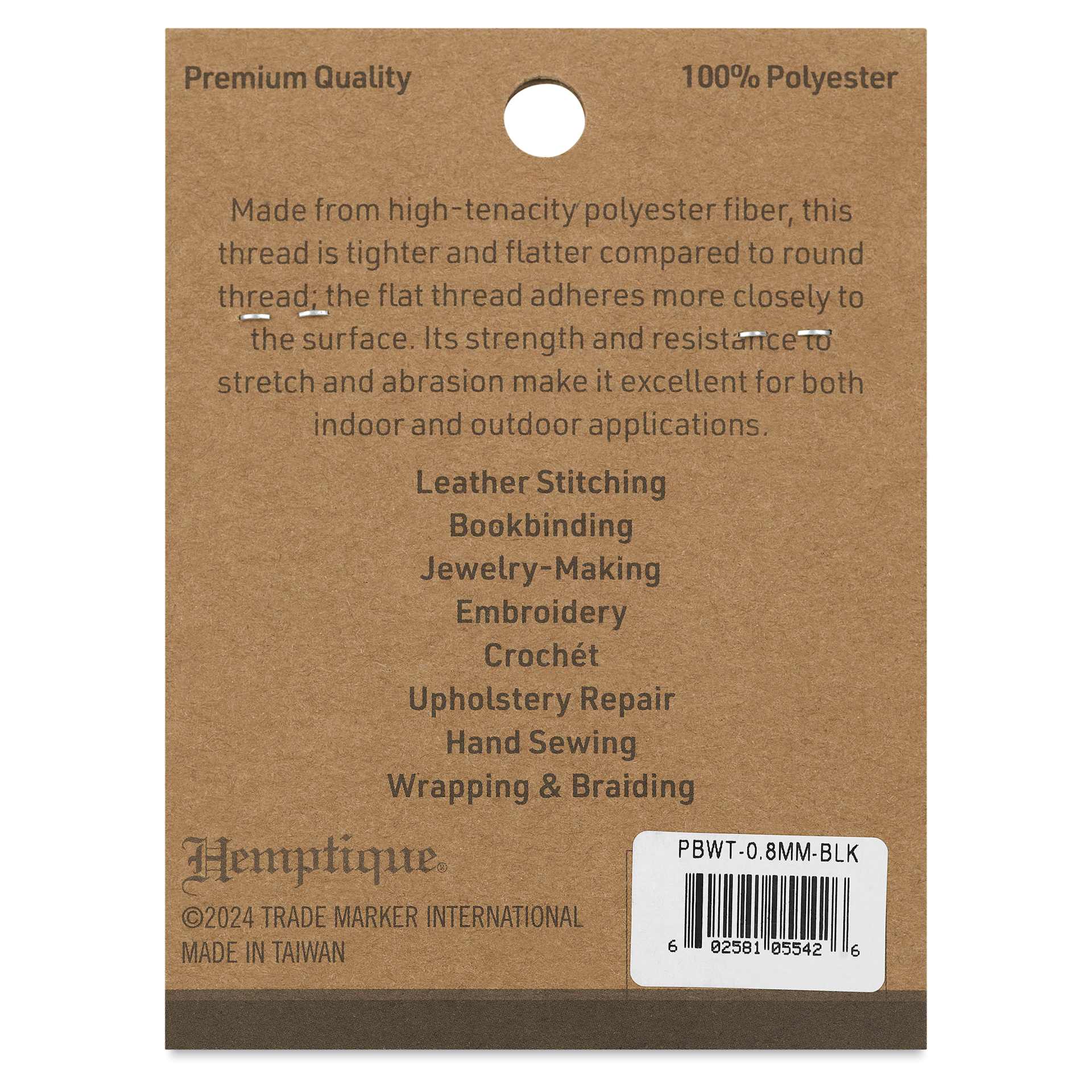 Hemptique Braided & Flat Waxed Thread - Black, 0.8 mm, 50 yds - back of packaging