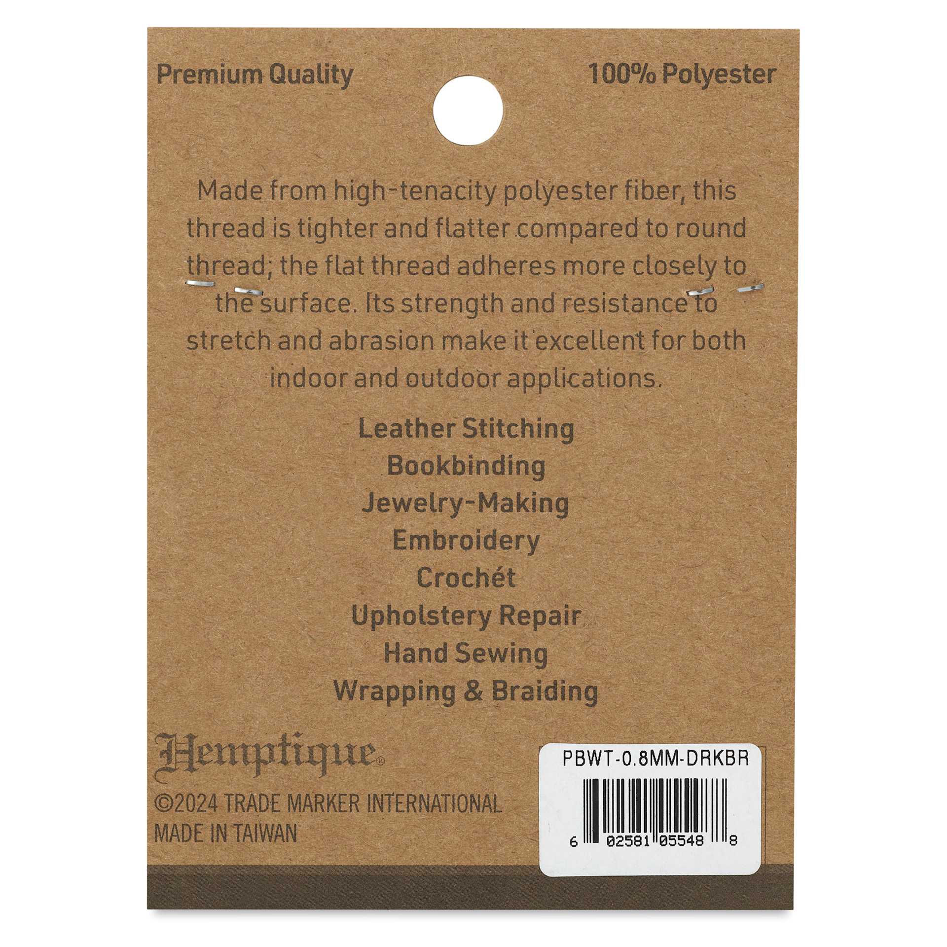 Hemptique Braided & Flat Waxed Thread - Dark Brown, 0.8 mm, 50 yds - back of packaging