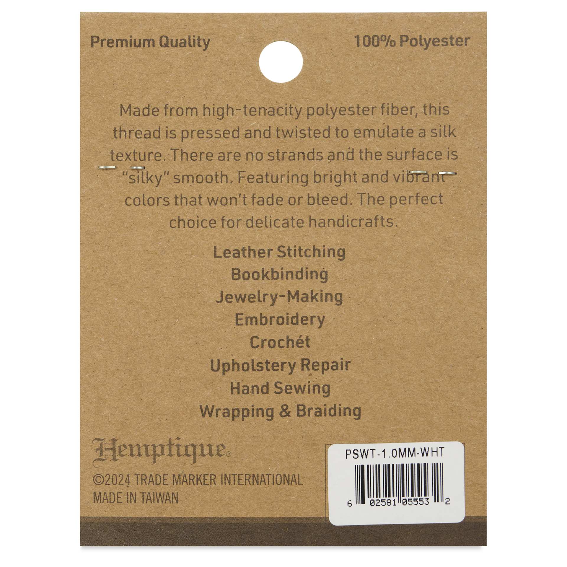Hemptique Silky Smooth Waxed Thread - White, 1 mm, 25 yds - back of packaging