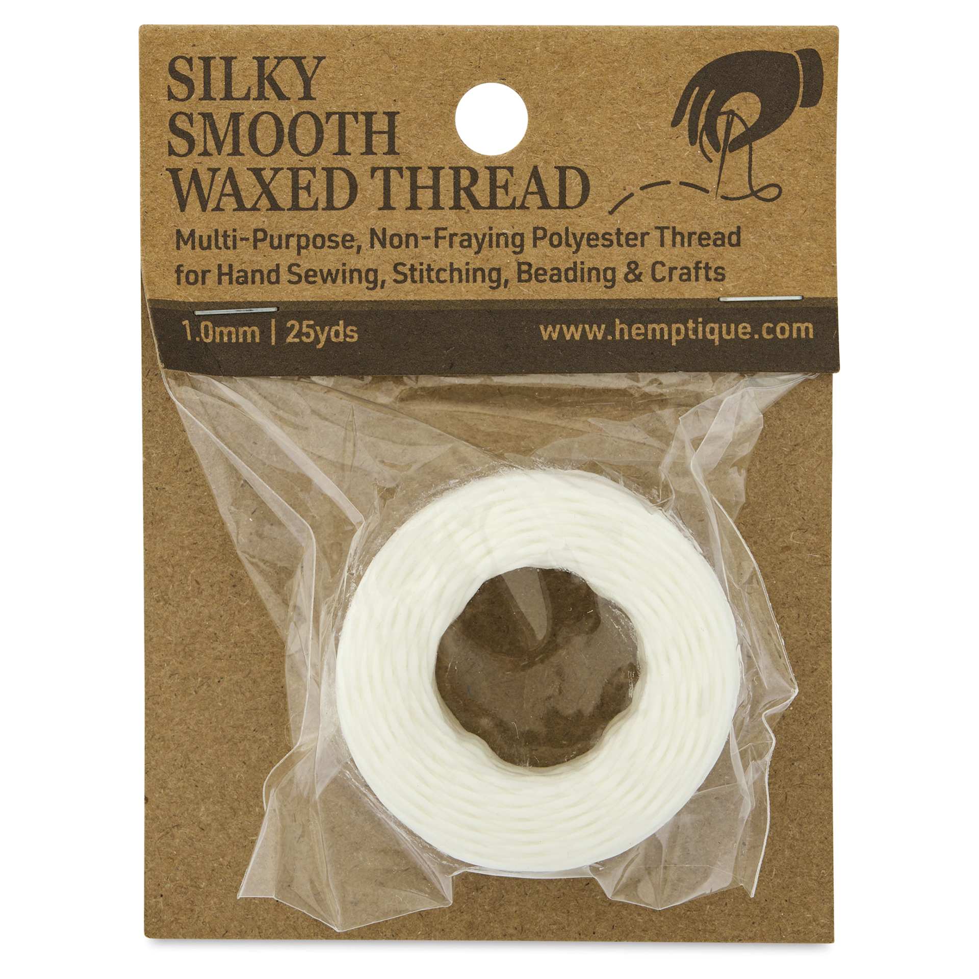 Hemptique Silky Smooth Waxed Thread - White, 1 mm, 25 yds - front of packaging