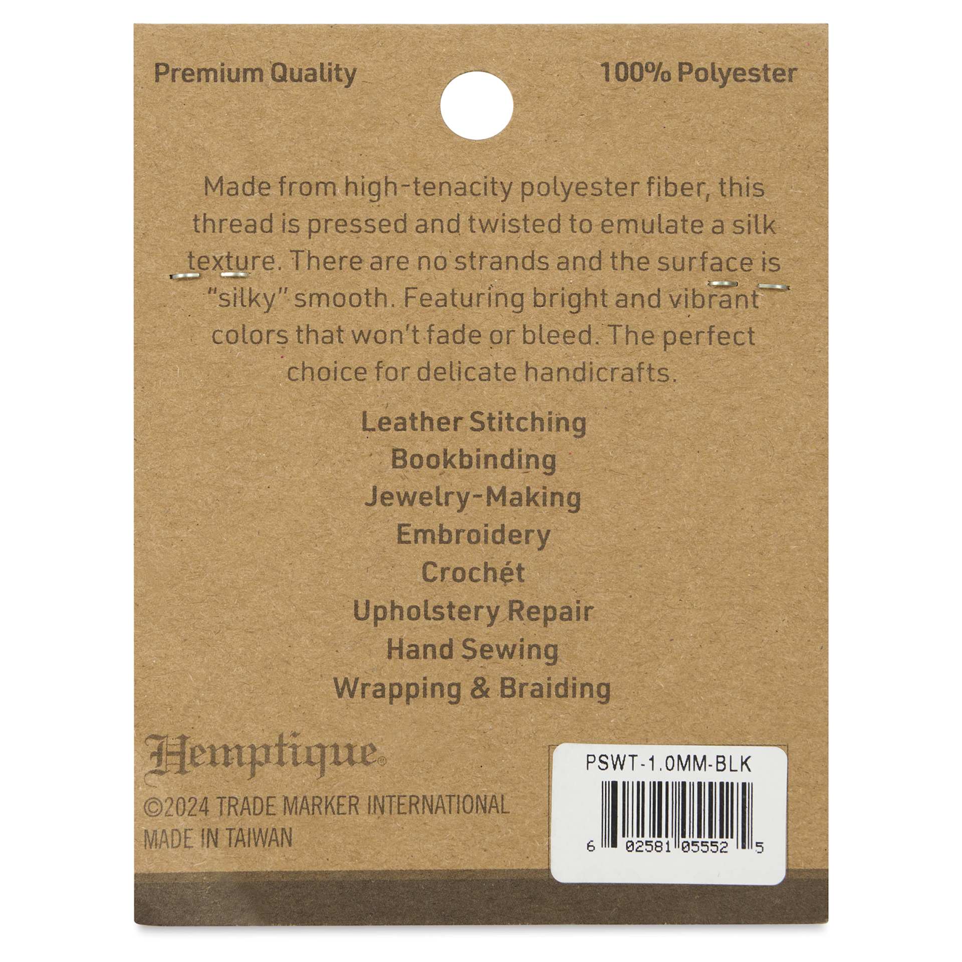 Hemptique Silky Smooth Waxed Thread - Black, 1 mm, 25 yds - back of packaging
