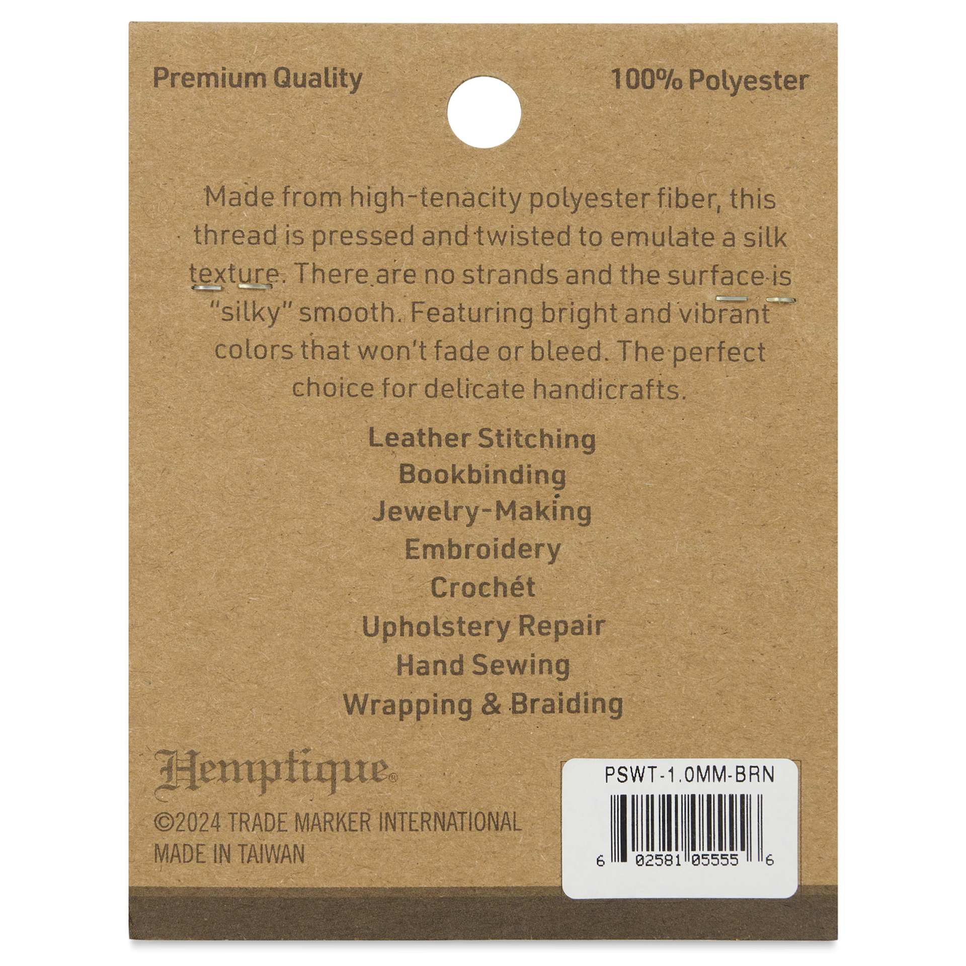 Hemptique Silky Smooth Waxed Thread - Brown, 1 mm, 25 yds - back of packaging