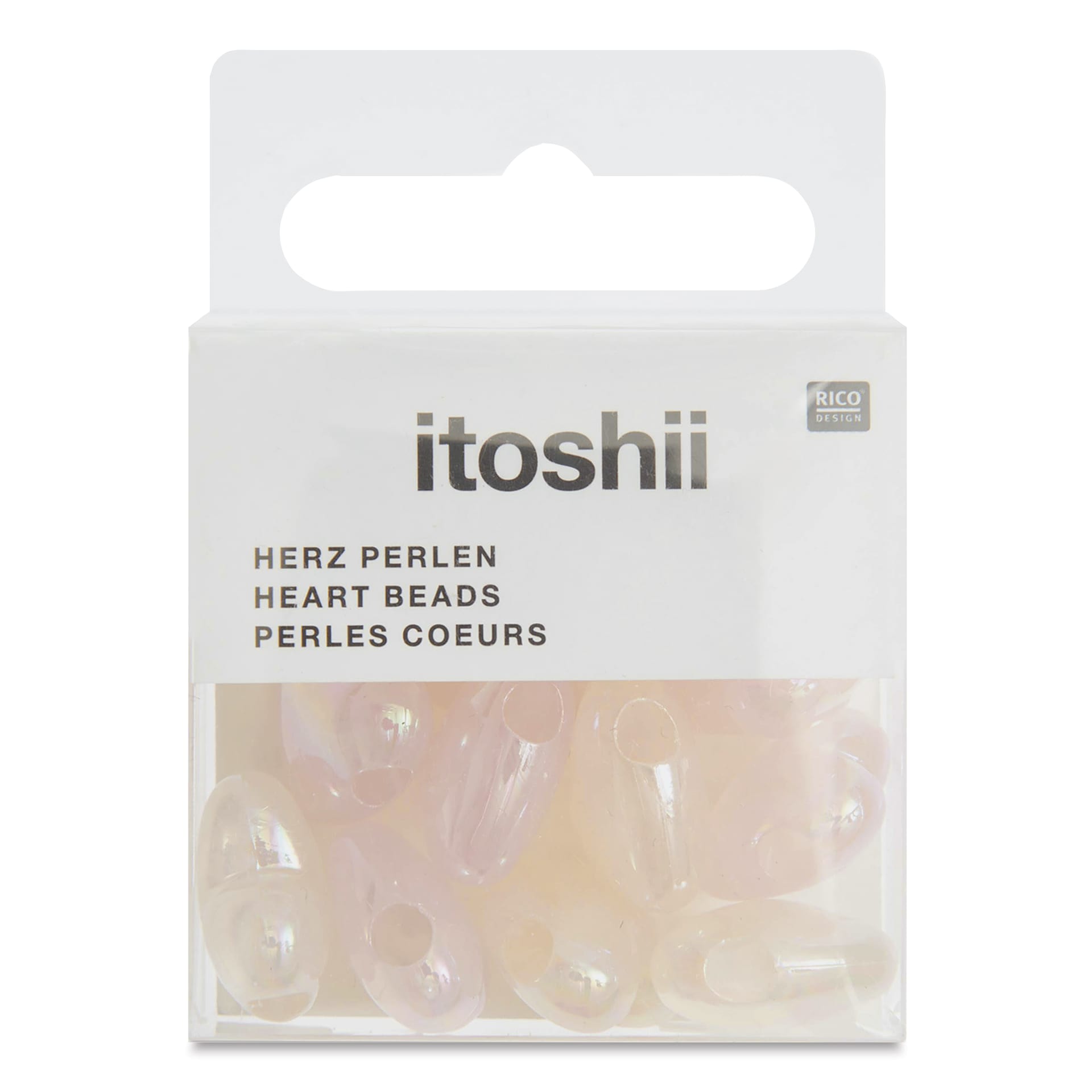 Rico Design Itoshii Plastic Heart Beads - Holographic Rose, Pkg of 12 - front of packaging
