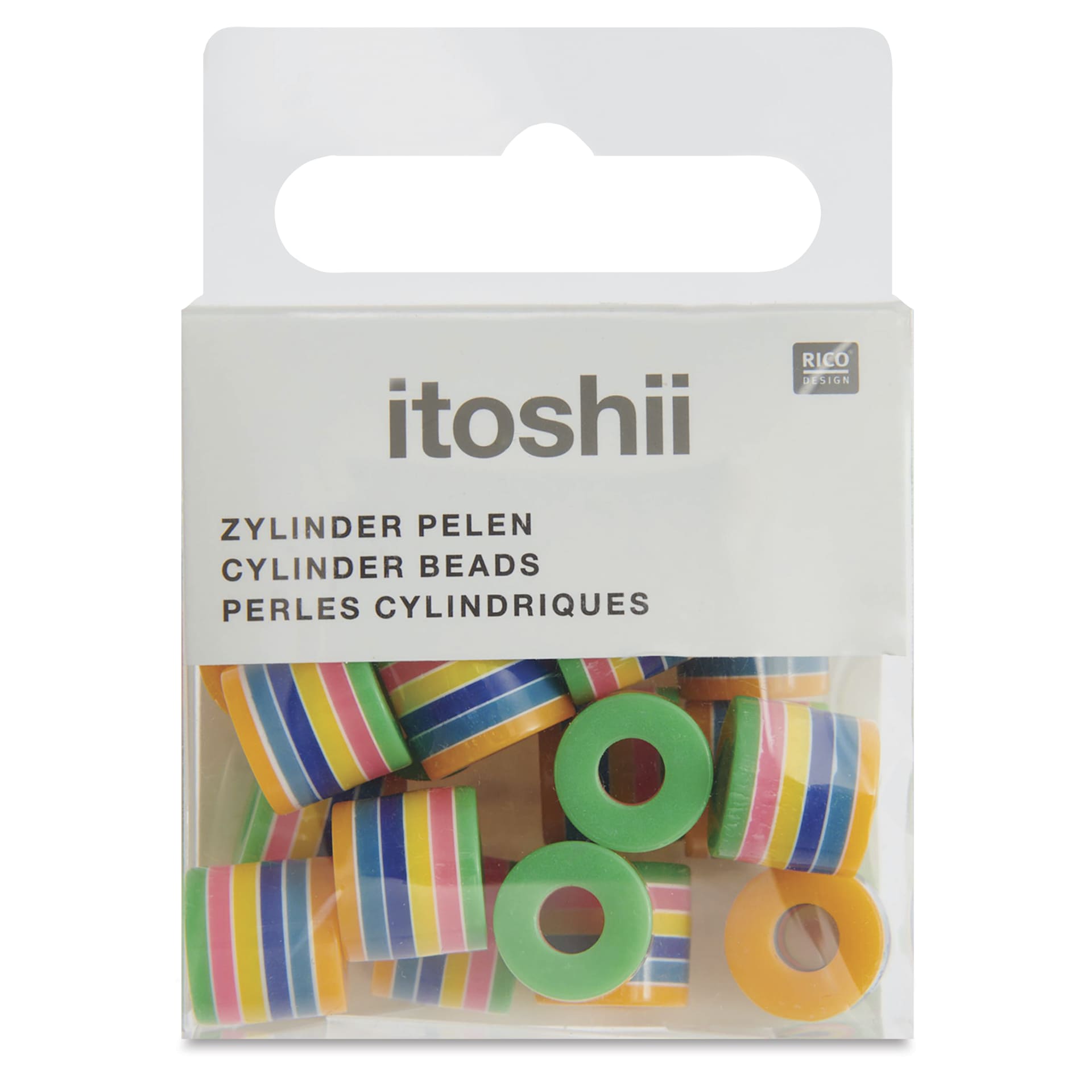 Rico Design Itoshii Plastic Beads - Pkg of 21, Rainbow Stripes, 10 mm W x 9 mm Dia.