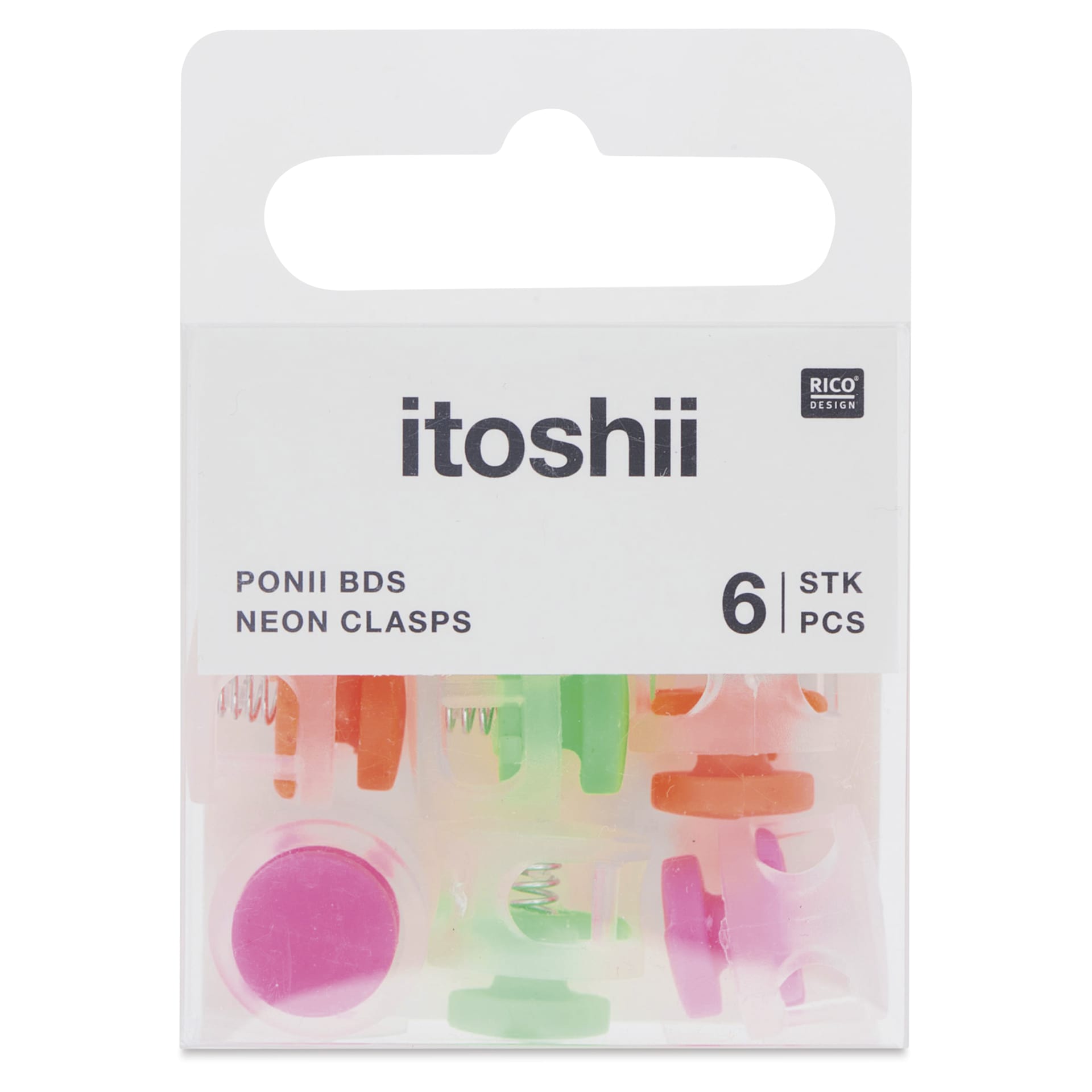 Rico Design Itoshii Clasps - Neon, Set of 6 - front of packaging