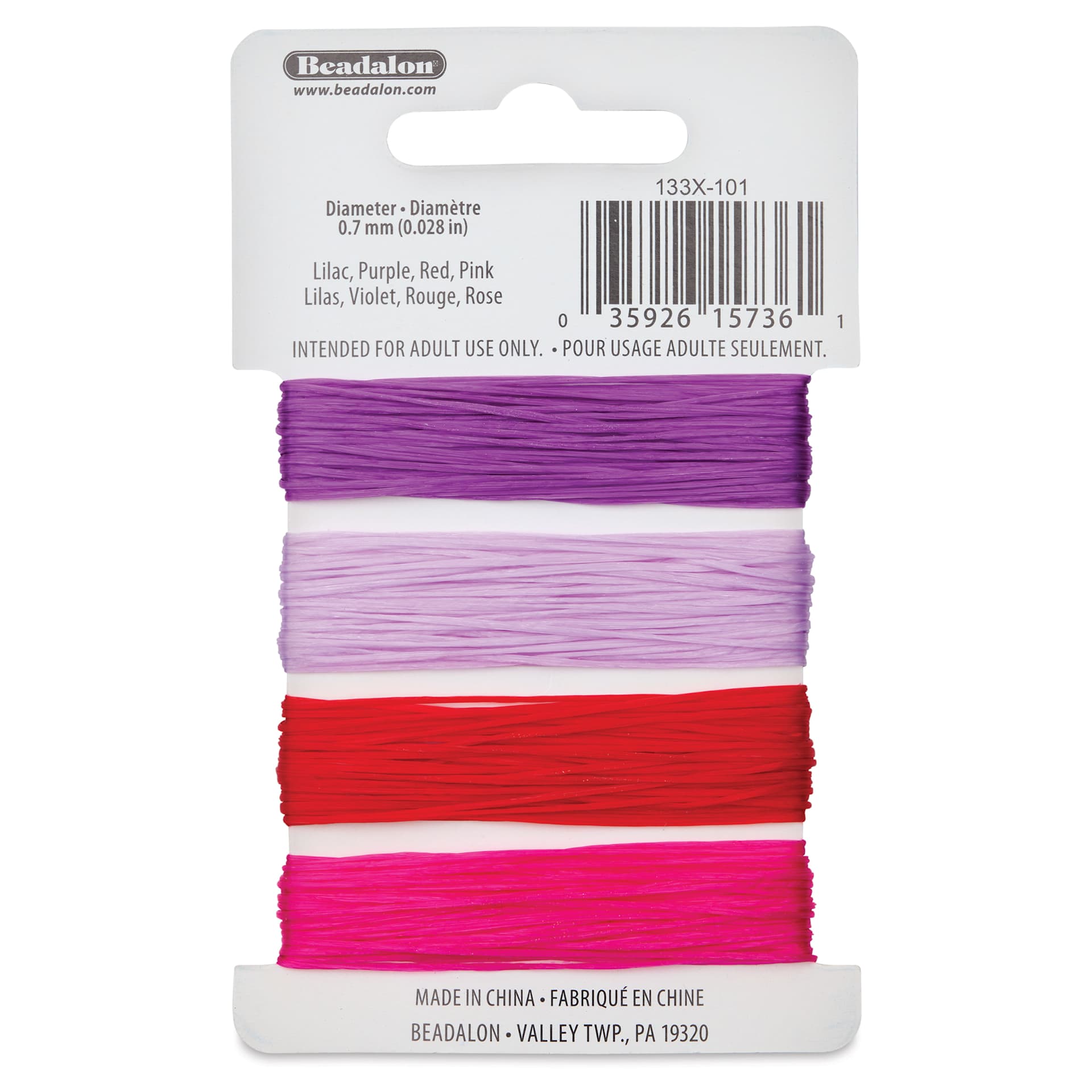Beadalon Elonga Elastic Cord - Card 2, Set of 4 Strands, Assorted Colors, 5 m, 0.7 mm Dia. - back of card