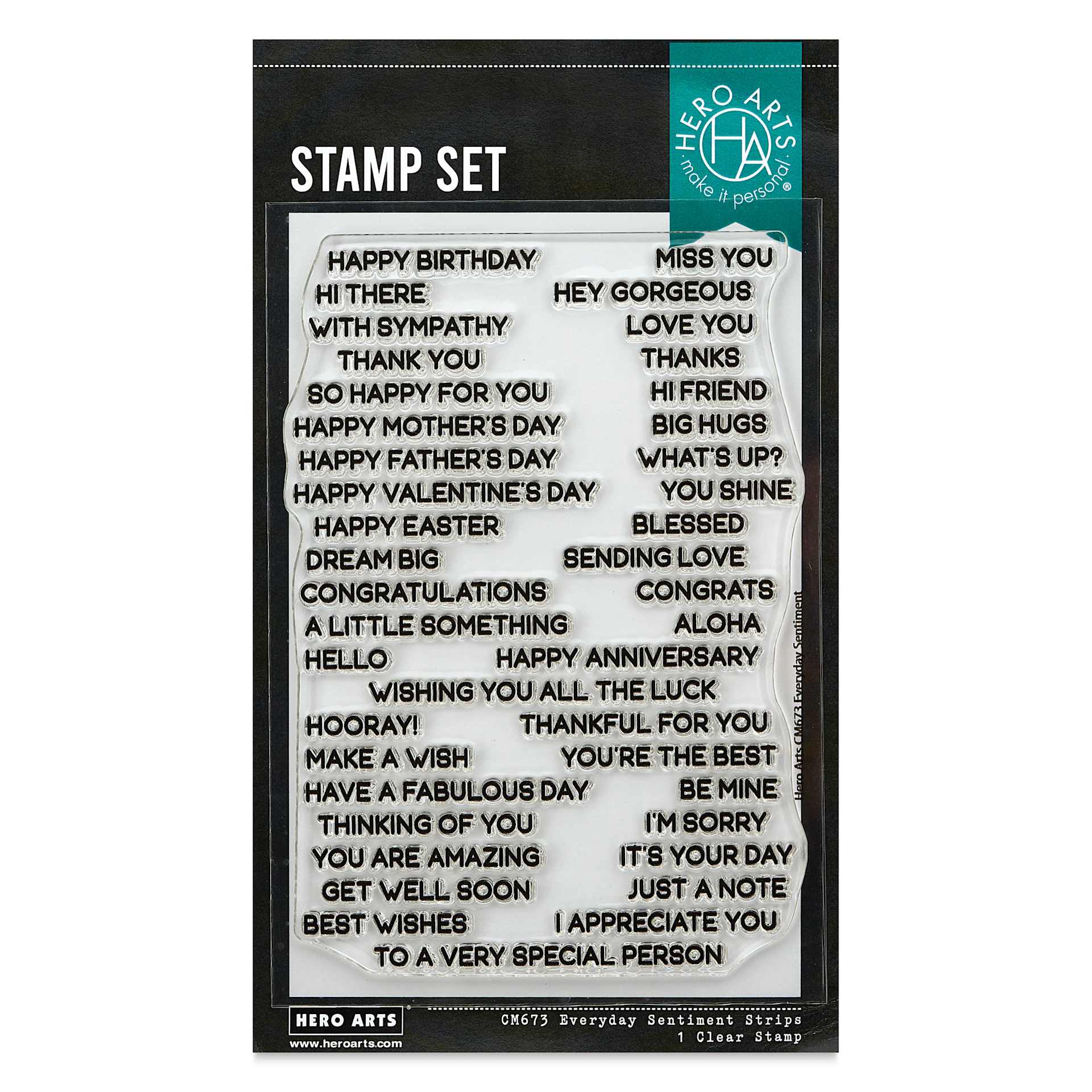 Hero Arts Messages and Sentiments Clear Stamp Set - Pkg of 42, Everyday Sentiment Strips front of packaging