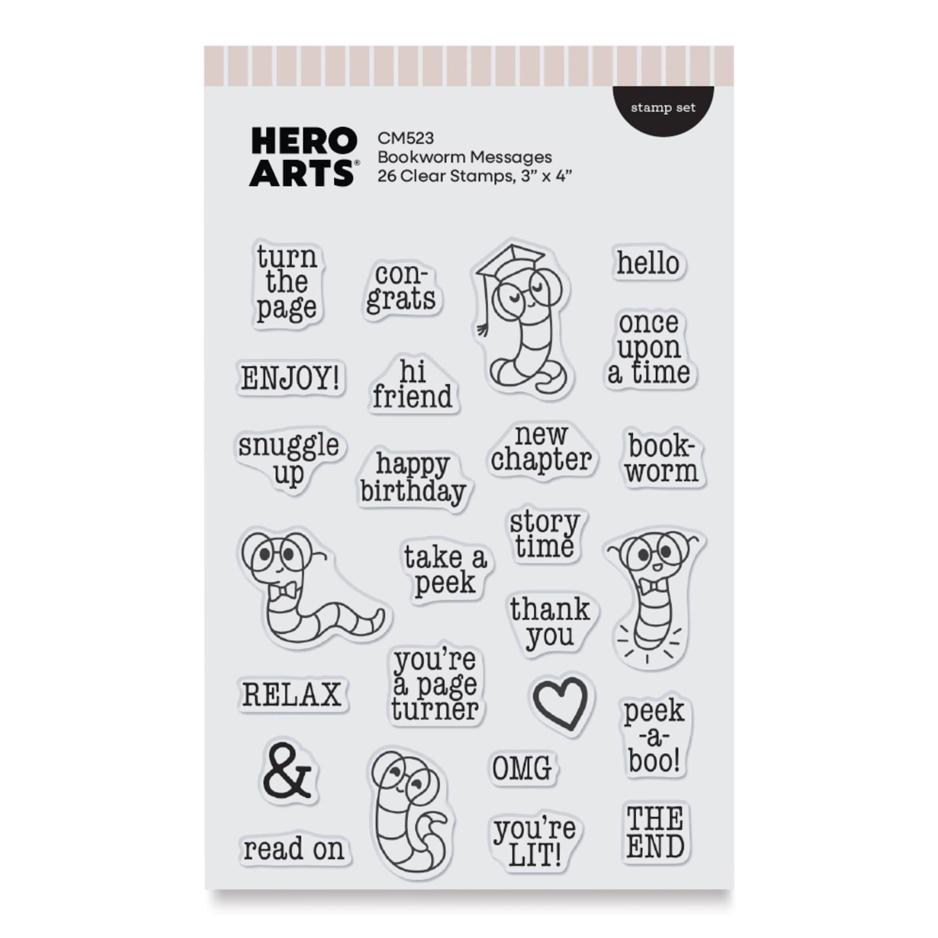 Hero Arts Bookworm Messages Clear Stamp Set - Set of 23 front of packaging