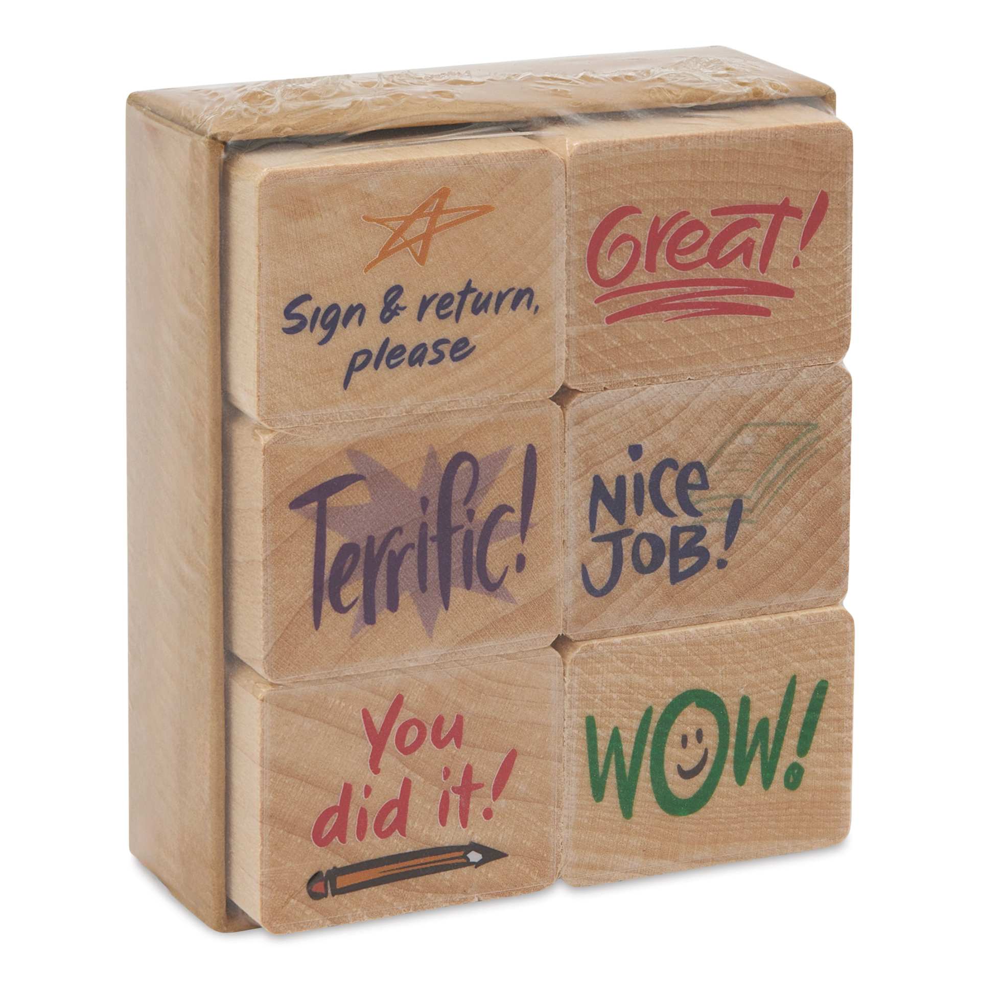 Hero Arts Woodblock Teacher Stamps Set - Set of 6, Stamps of Approval angled view