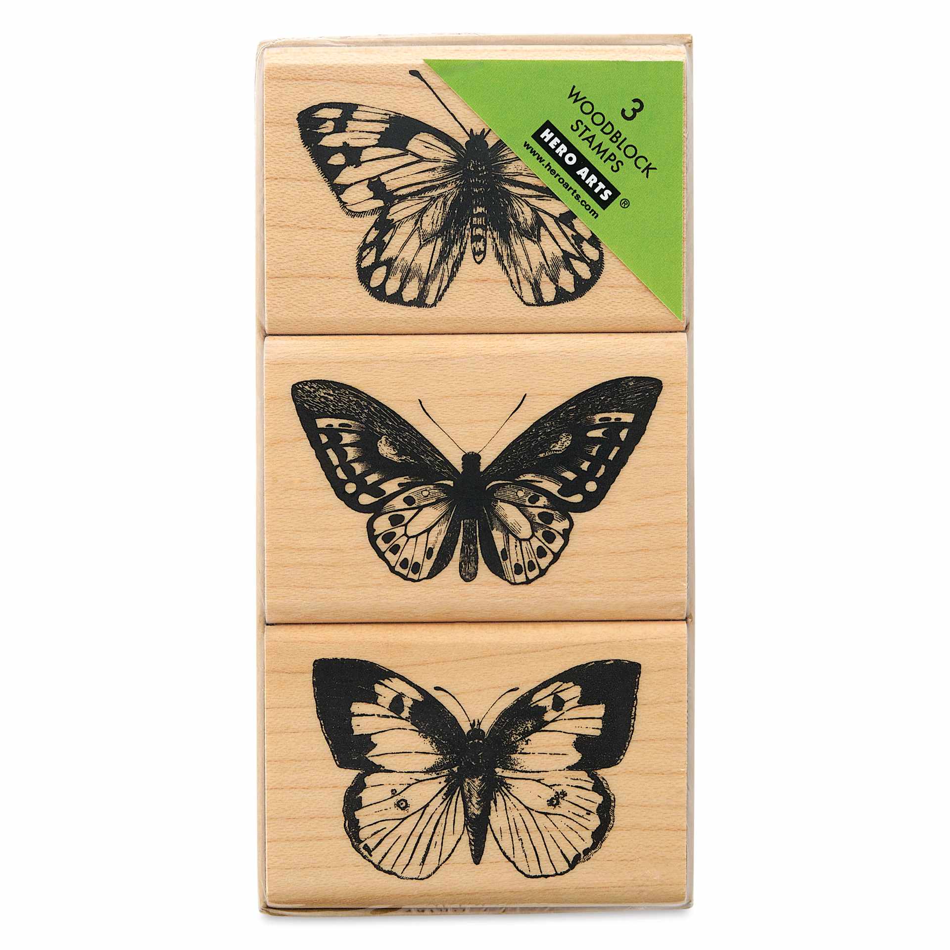 Hero Arts Artistic Butterflies Trio Woodblock Stamp Set, front of stamps in packaging