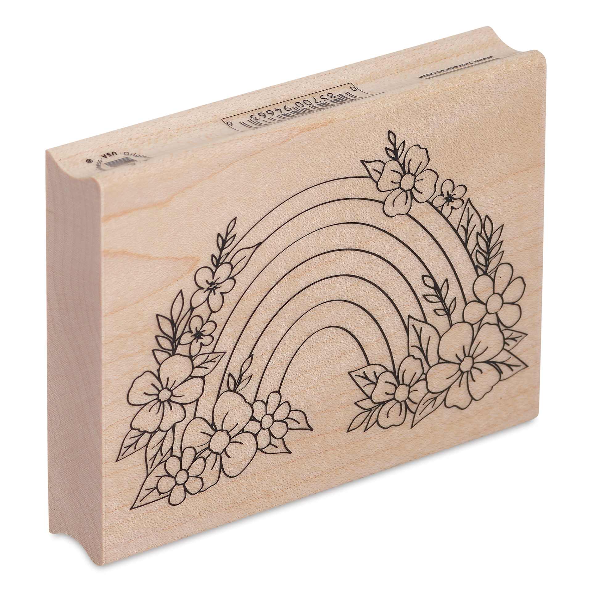 Hero Arts Floral Rainbow Woodblock Stamp - 4.25" x 3.25" angled view showing left side