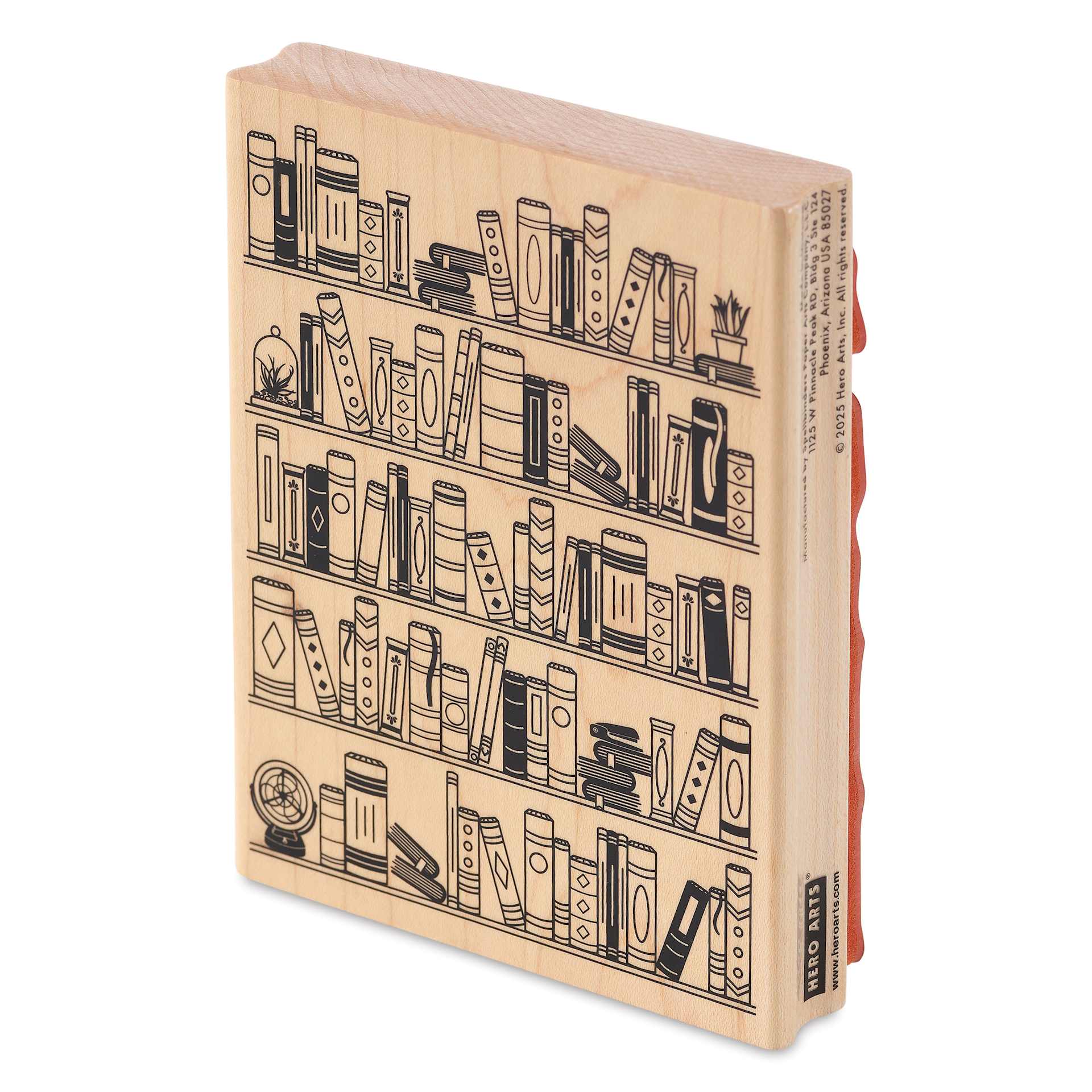 Hero Arts Bookcase Woodblock Stamp - 5.25" x 4" angled view showing right side