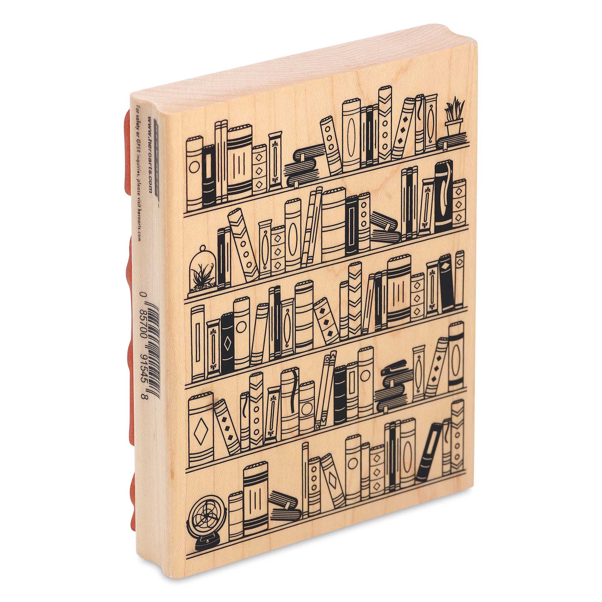 Hero Arts Bookcase Woodblock Stamp - 5.25" x 4" angled view showing left side