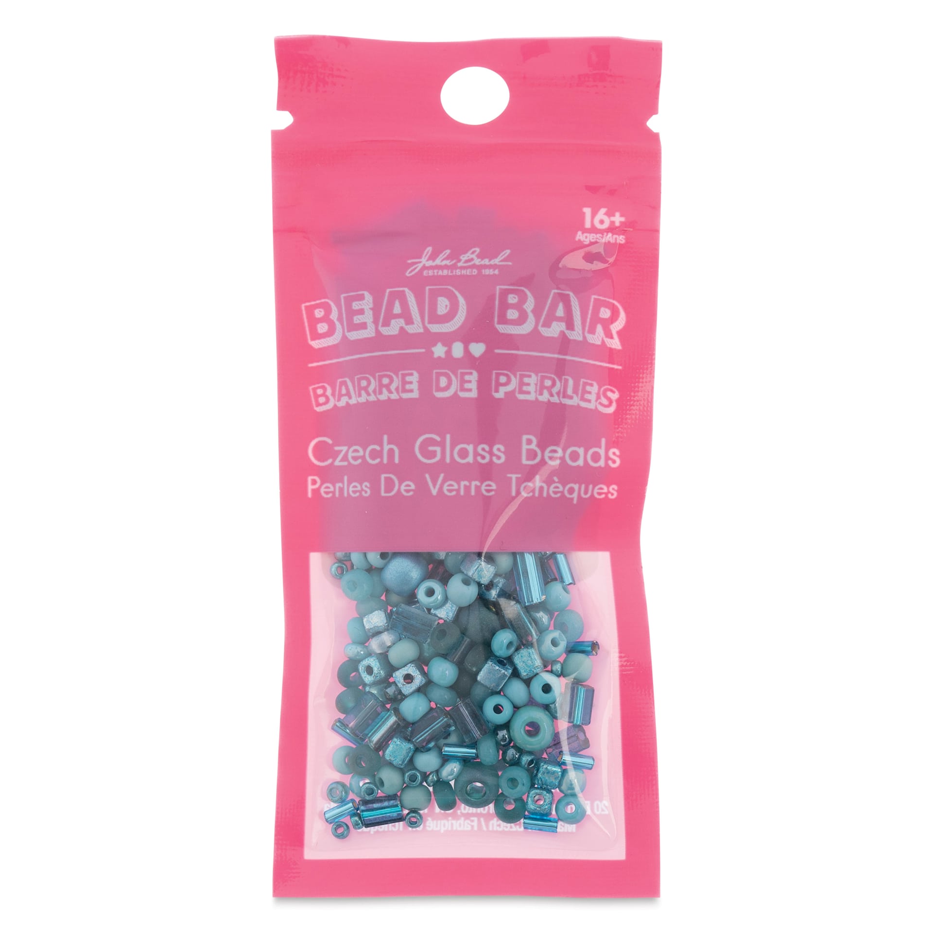 John Bead Bead Bar Czech Glass Bead Assortment - Turquoise Blue, 20 g front of packaging